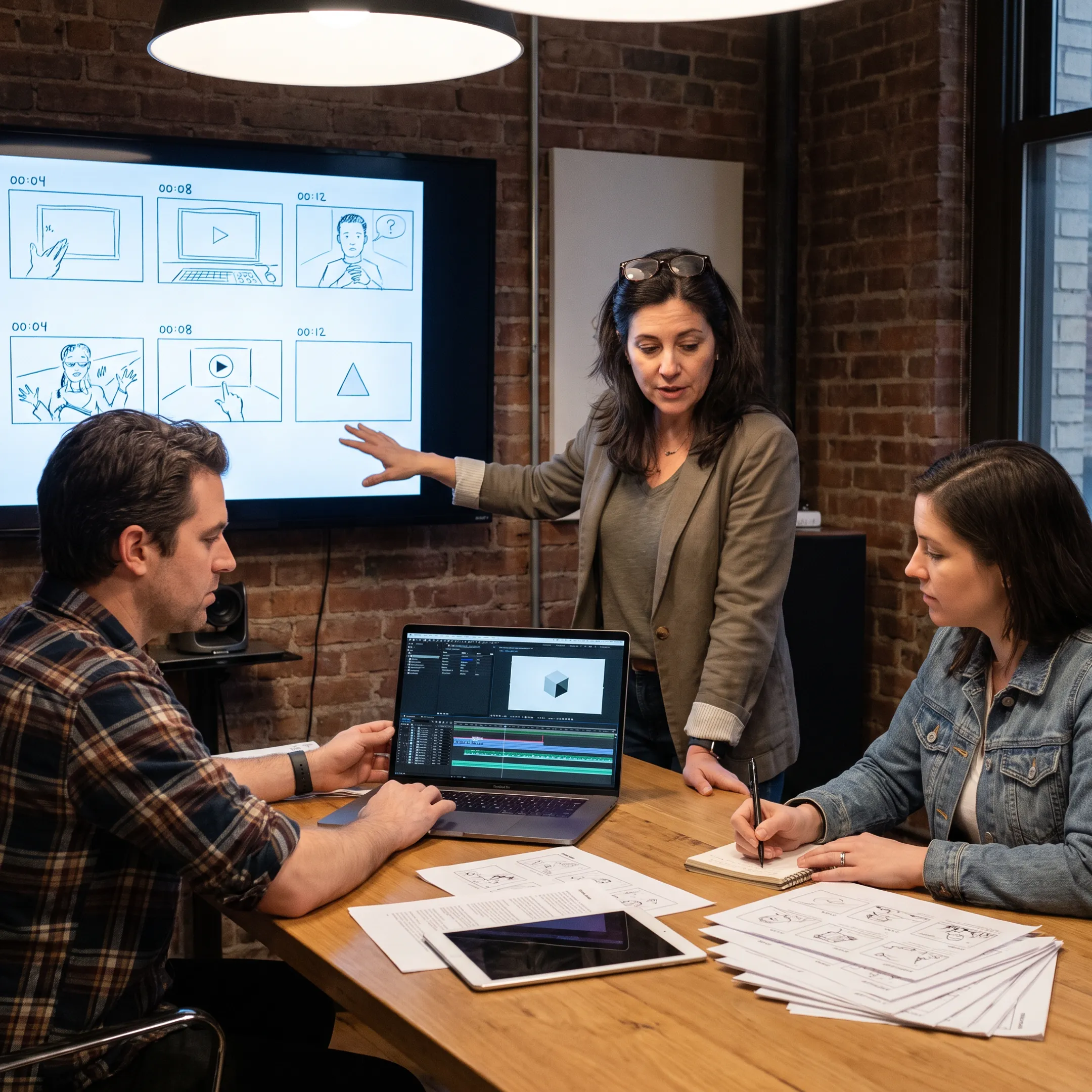 Creative team reviewing animation storyboards