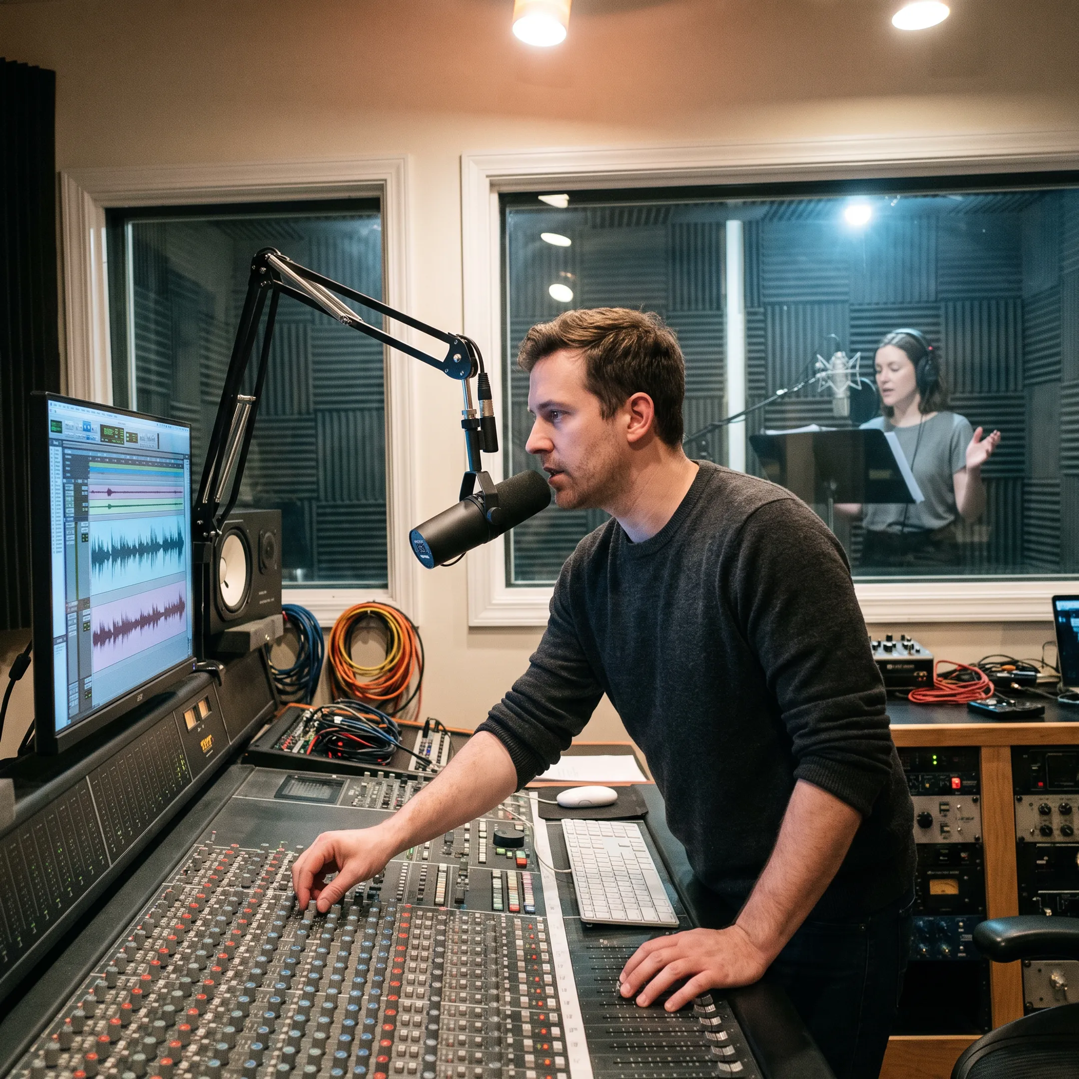 Producer directing a voice recording session