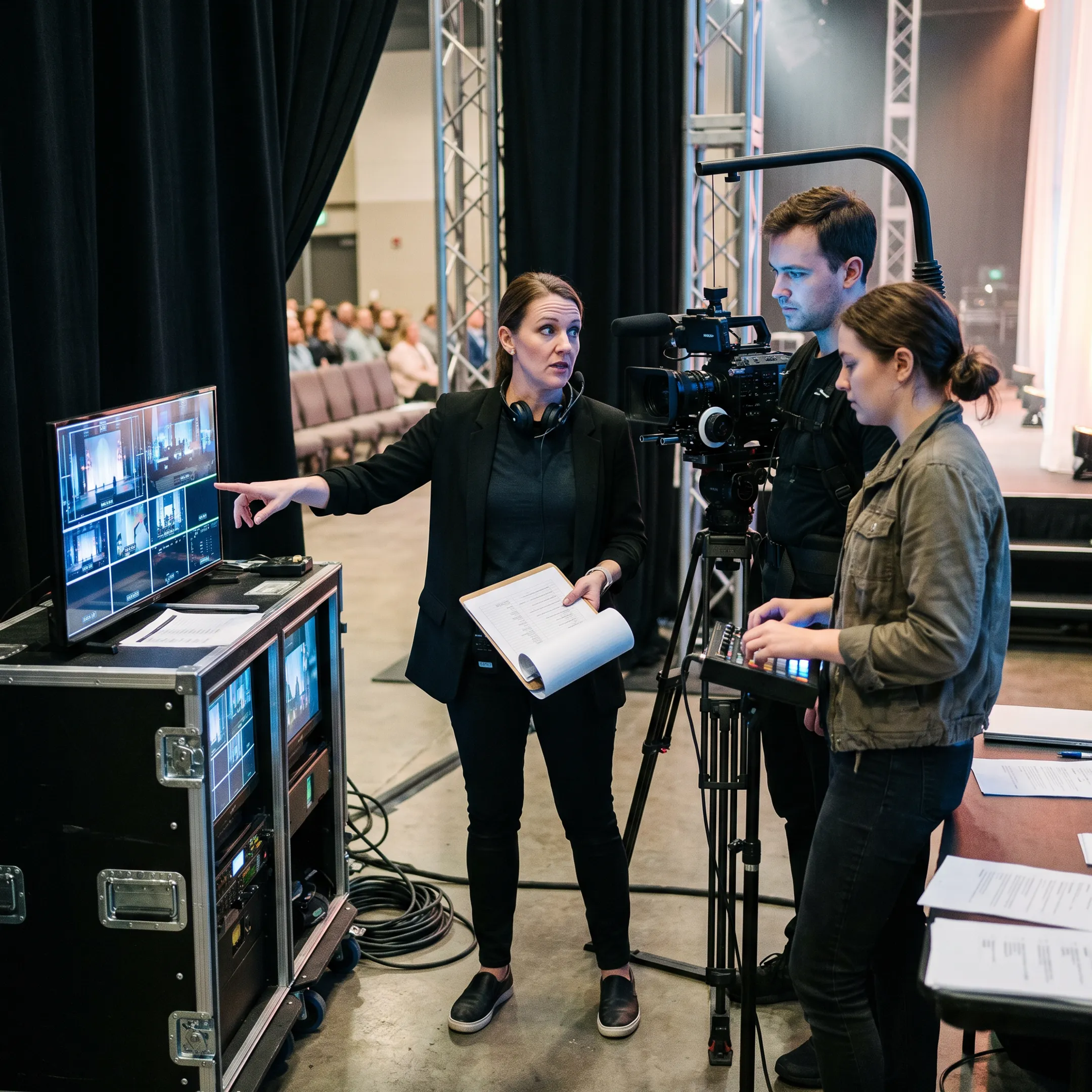 Event producer coordinating a live production crew