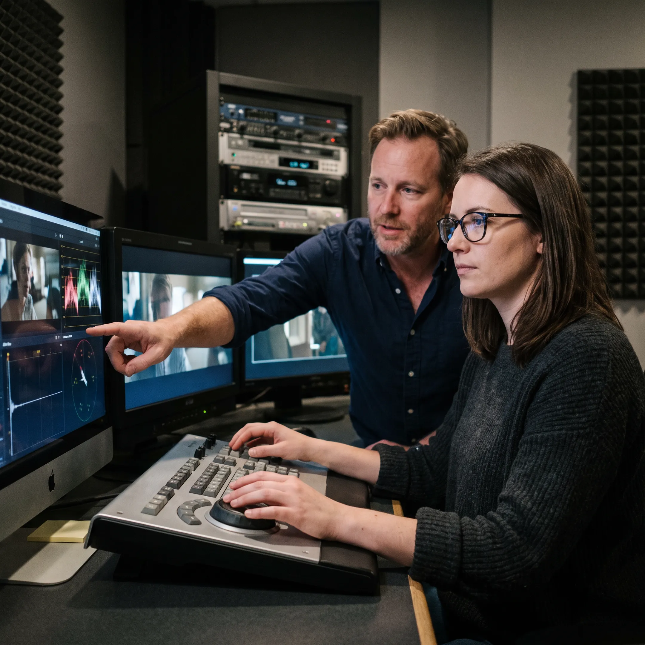 Editor reviewing film footage in studio