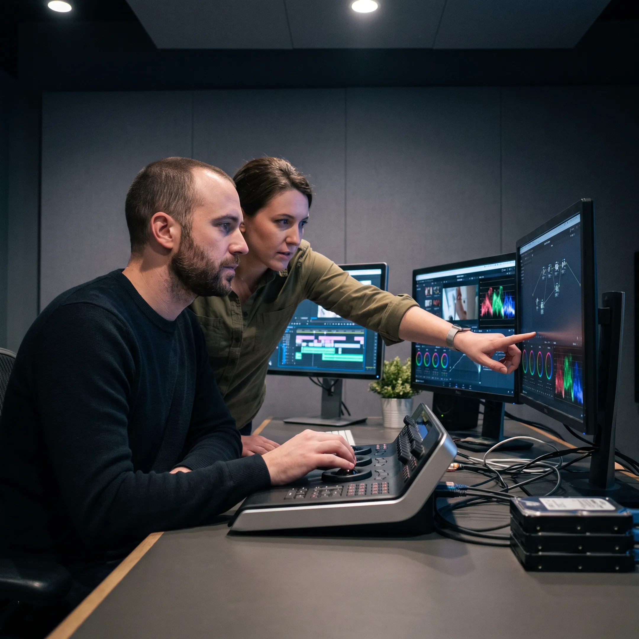 Editor reviewing video footage with production team