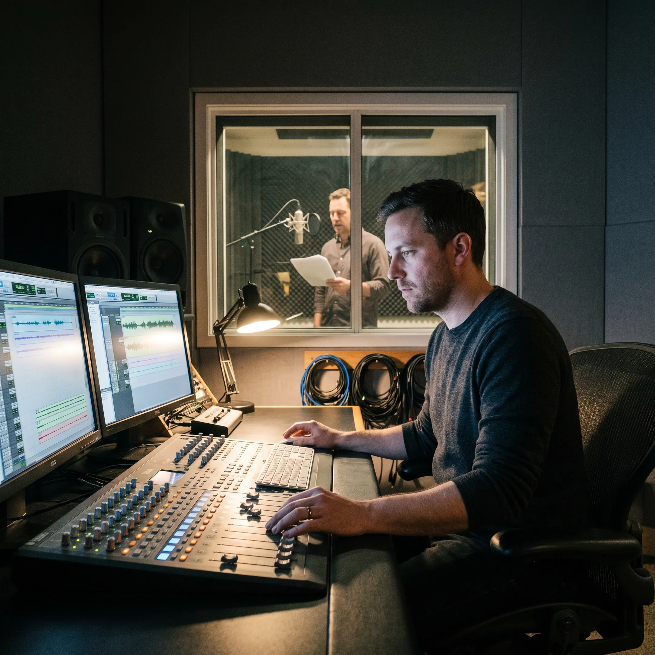 Audio producer reviewing a voice-over session