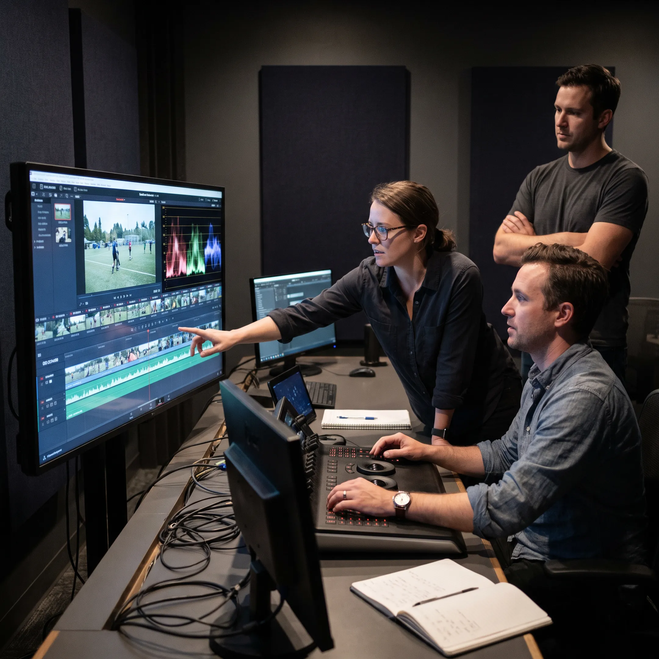 Post-production team reviewing a video edit together