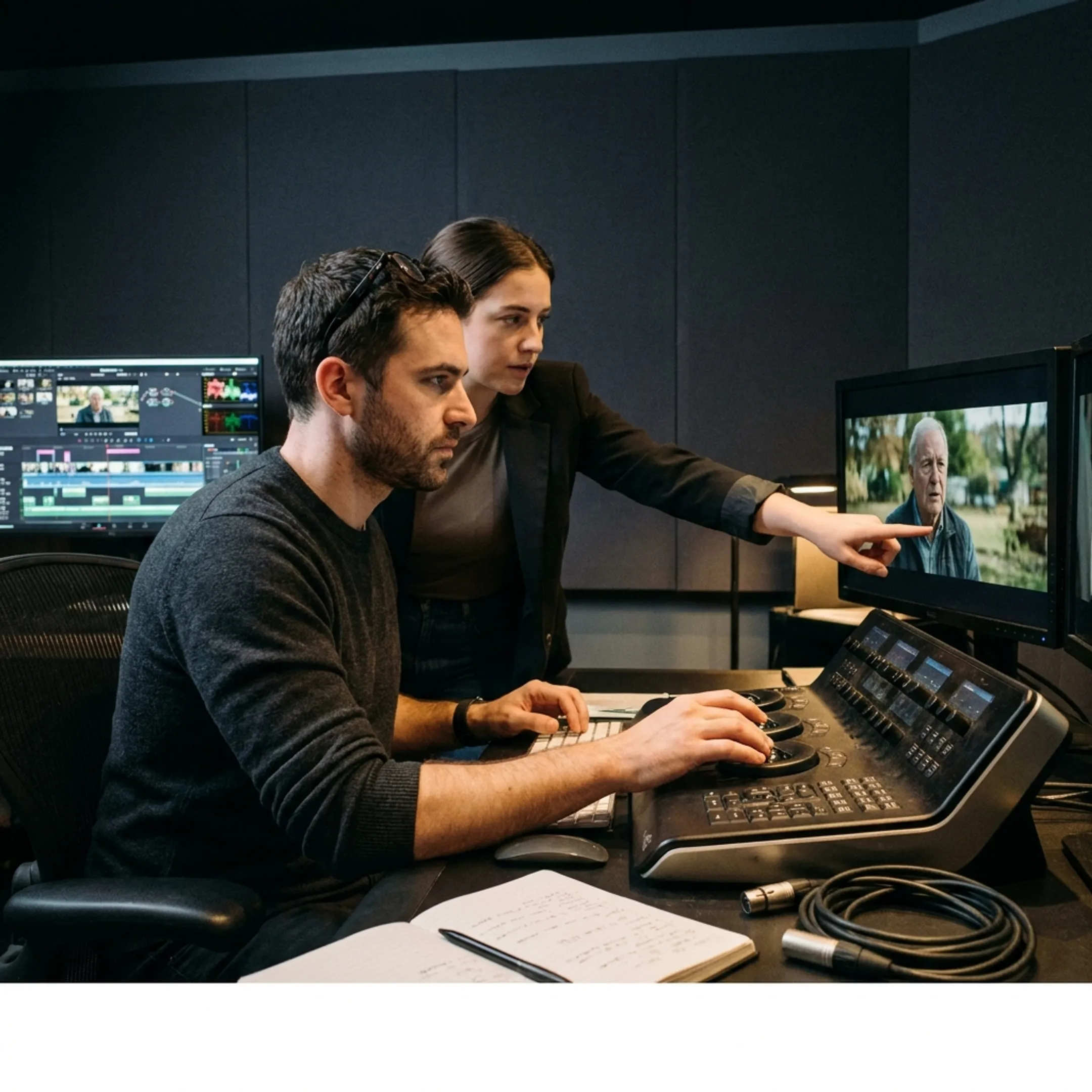 Editor and producer reviewing video footage