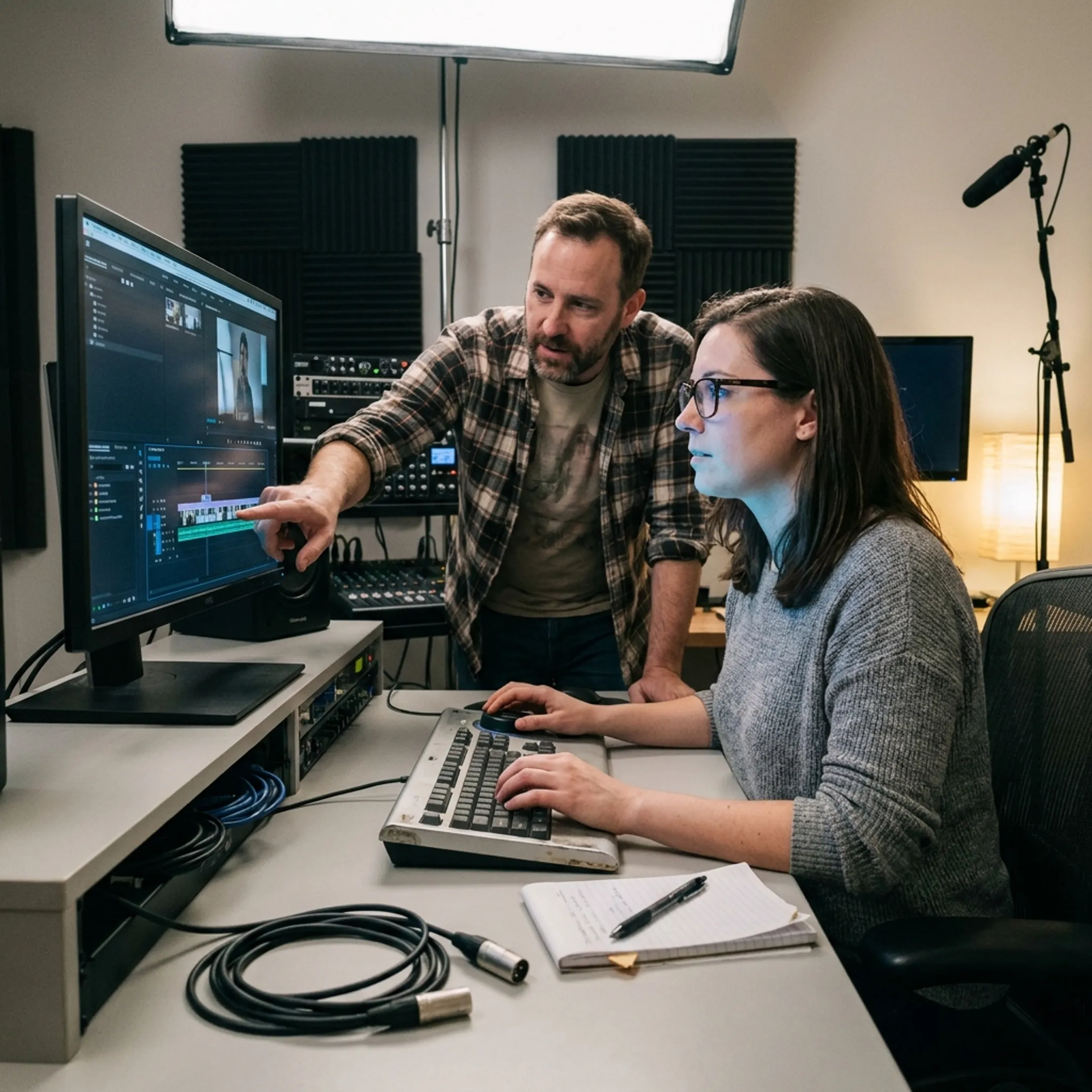 Producer and editor reviewing video footage