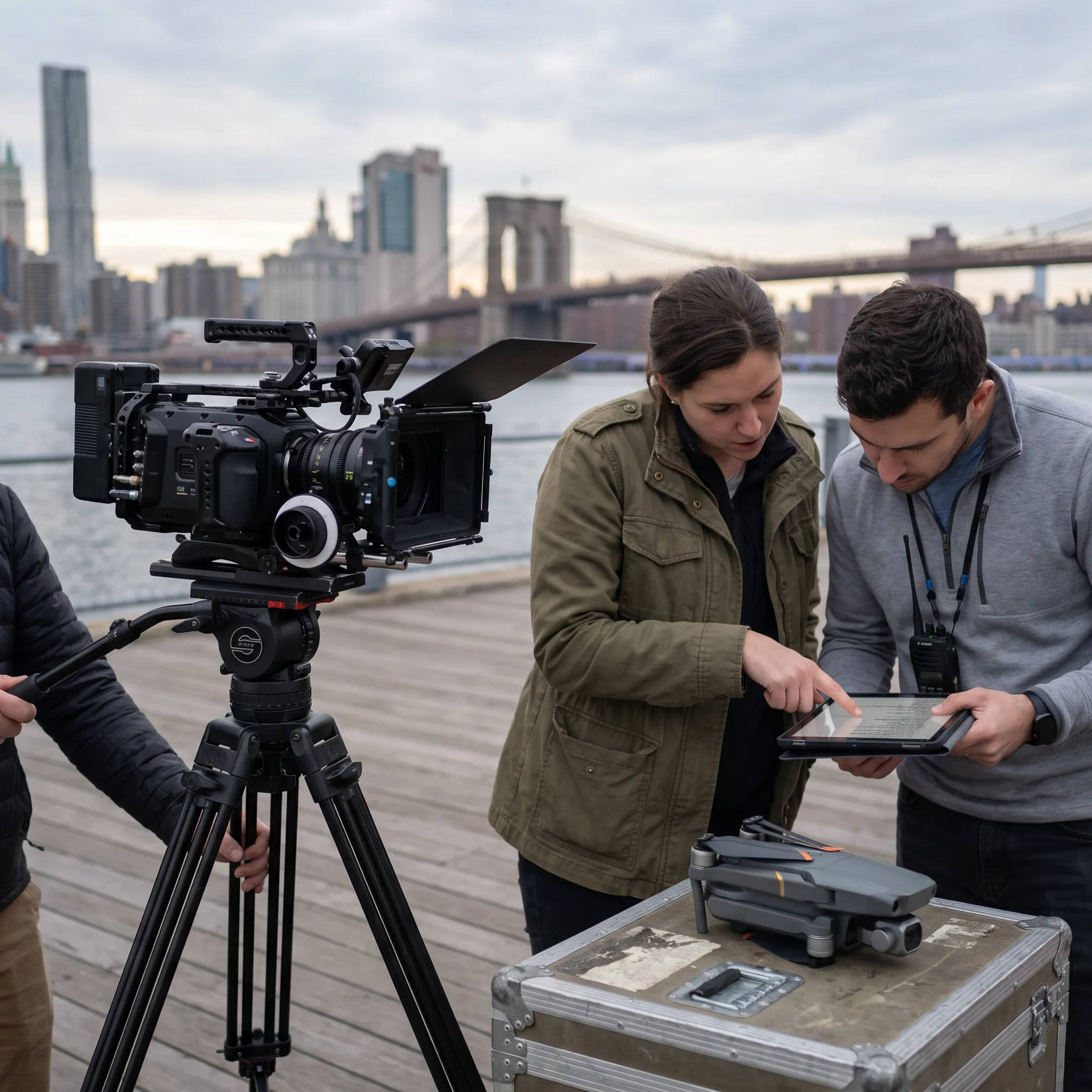 Production team preparing a drone camera shoot
