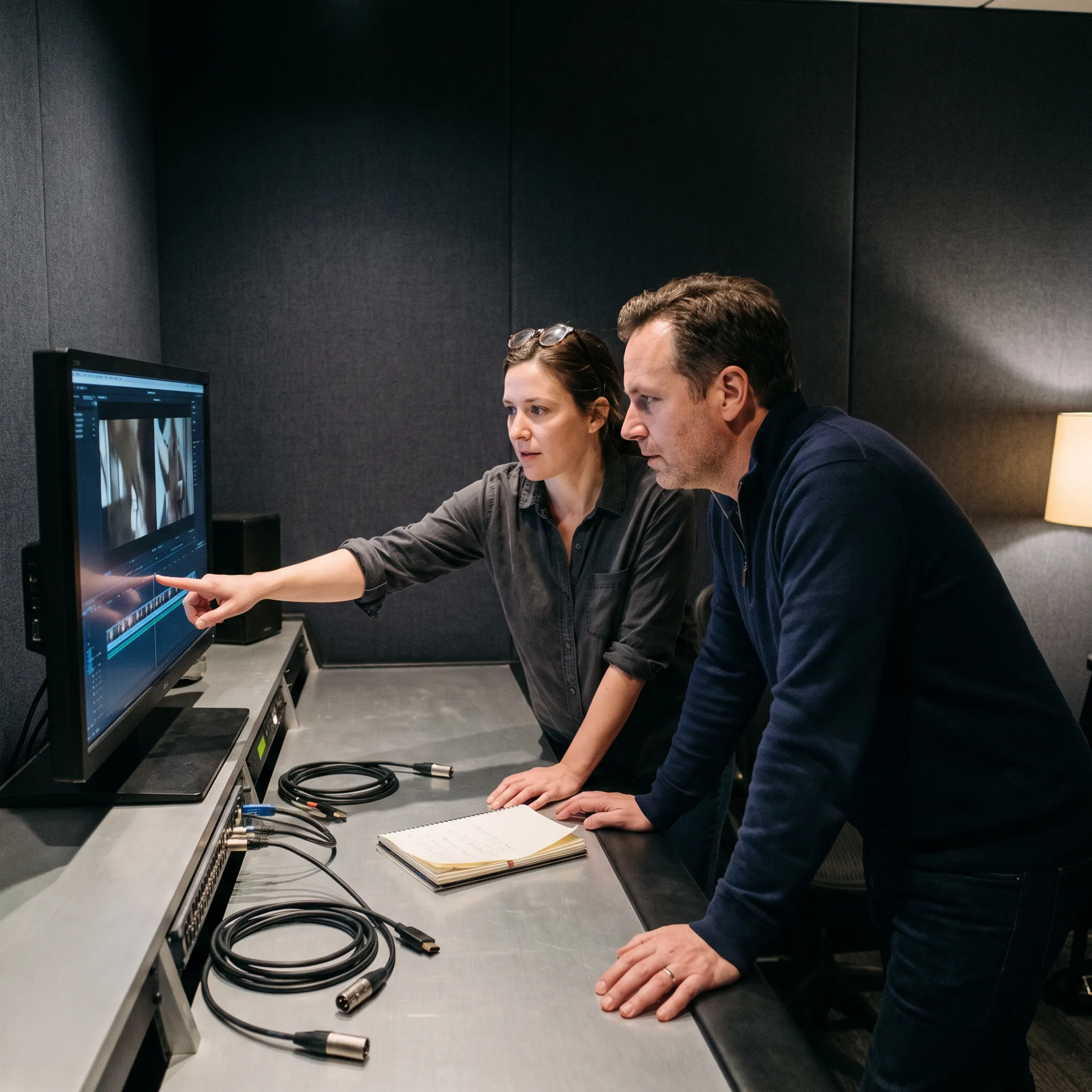 Producer reviewing footage with client