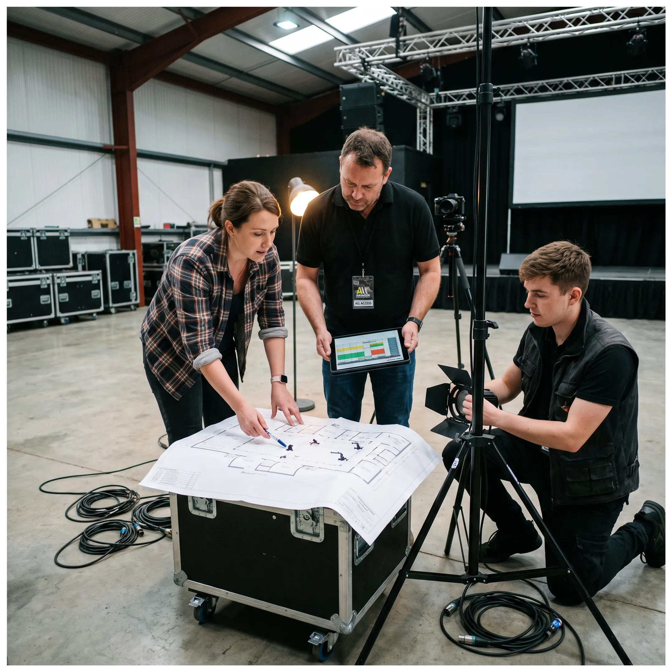 Production team planning a live event setup