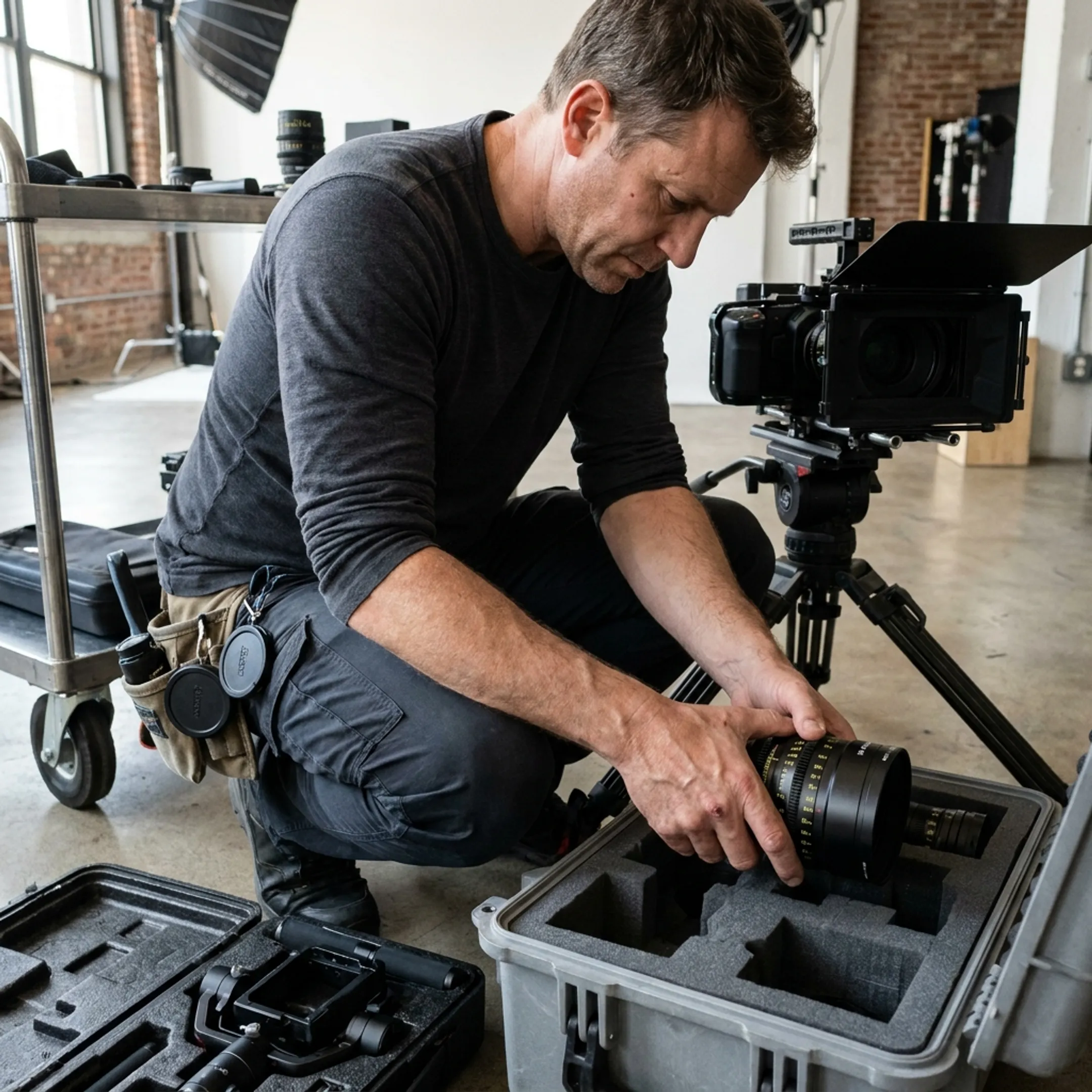 Cinematographer preparing camera and lens package