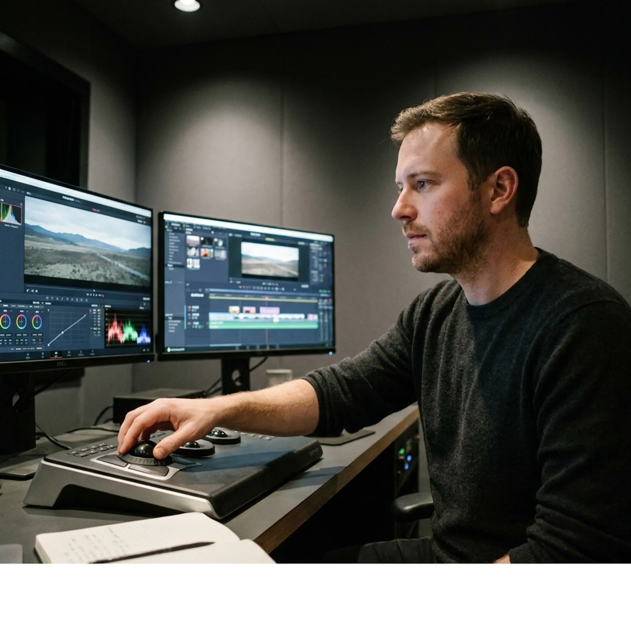 Editor reviewing footage in a post-production studio