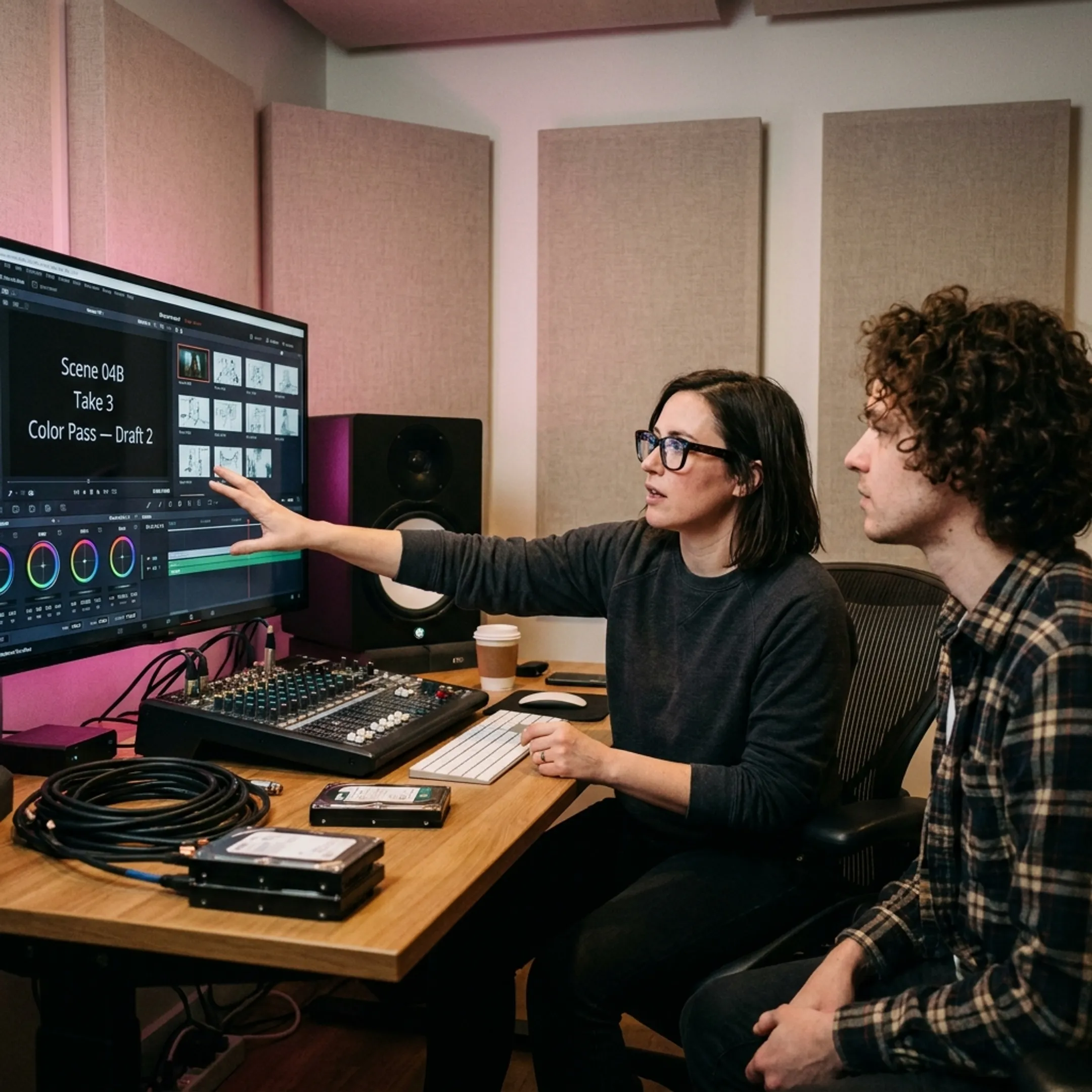 Creative team reviewing animated music video frames