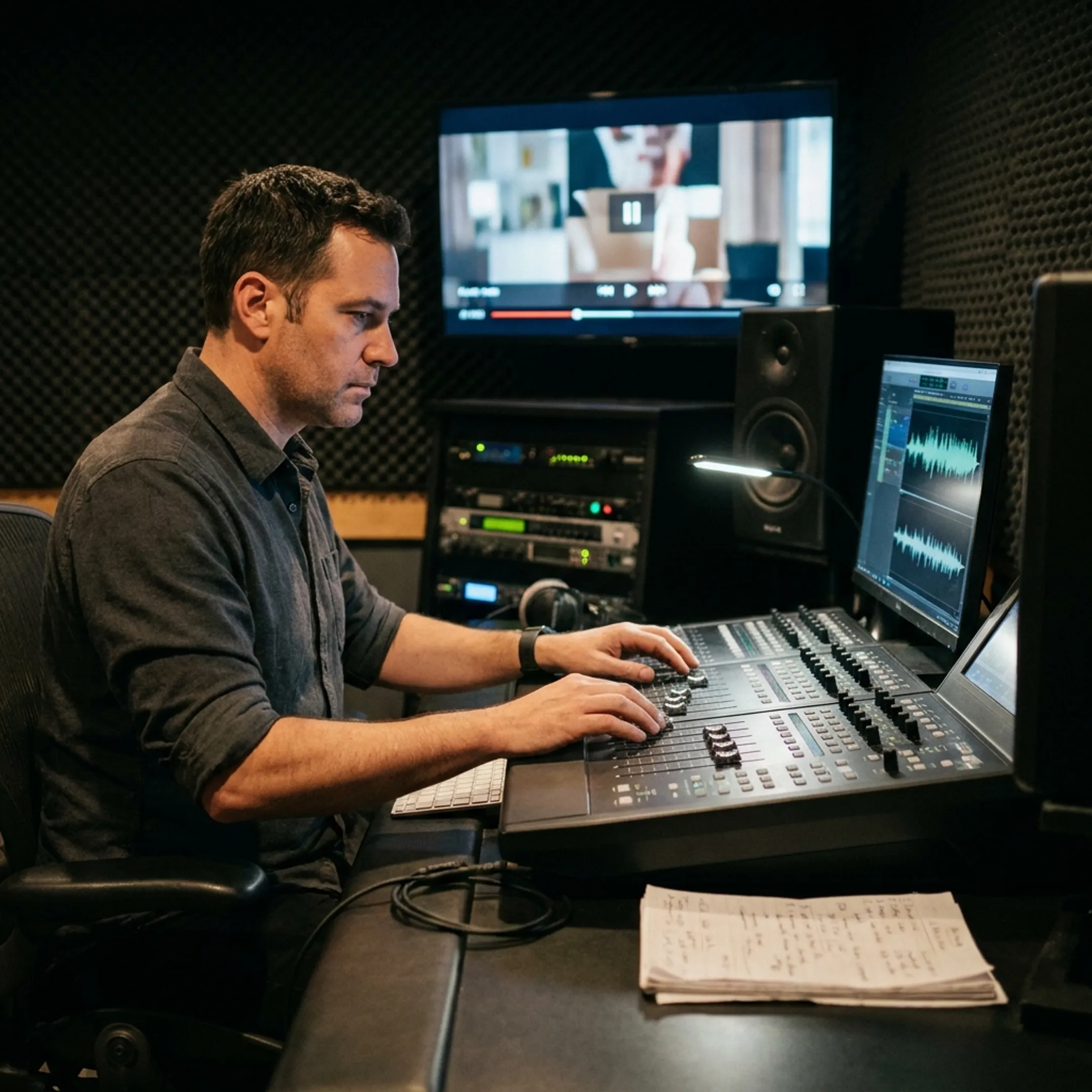 Audio engineer mixing voice-over for a video project