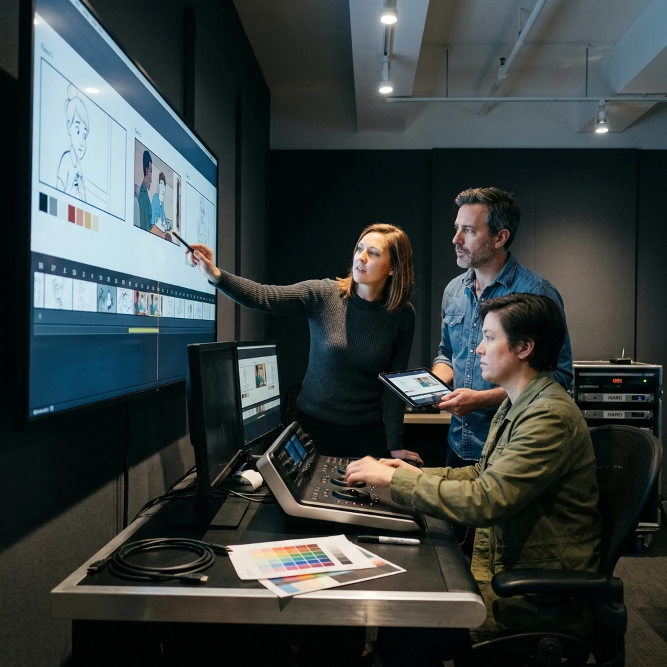 Creative team reviewing a 2D animation storyboard