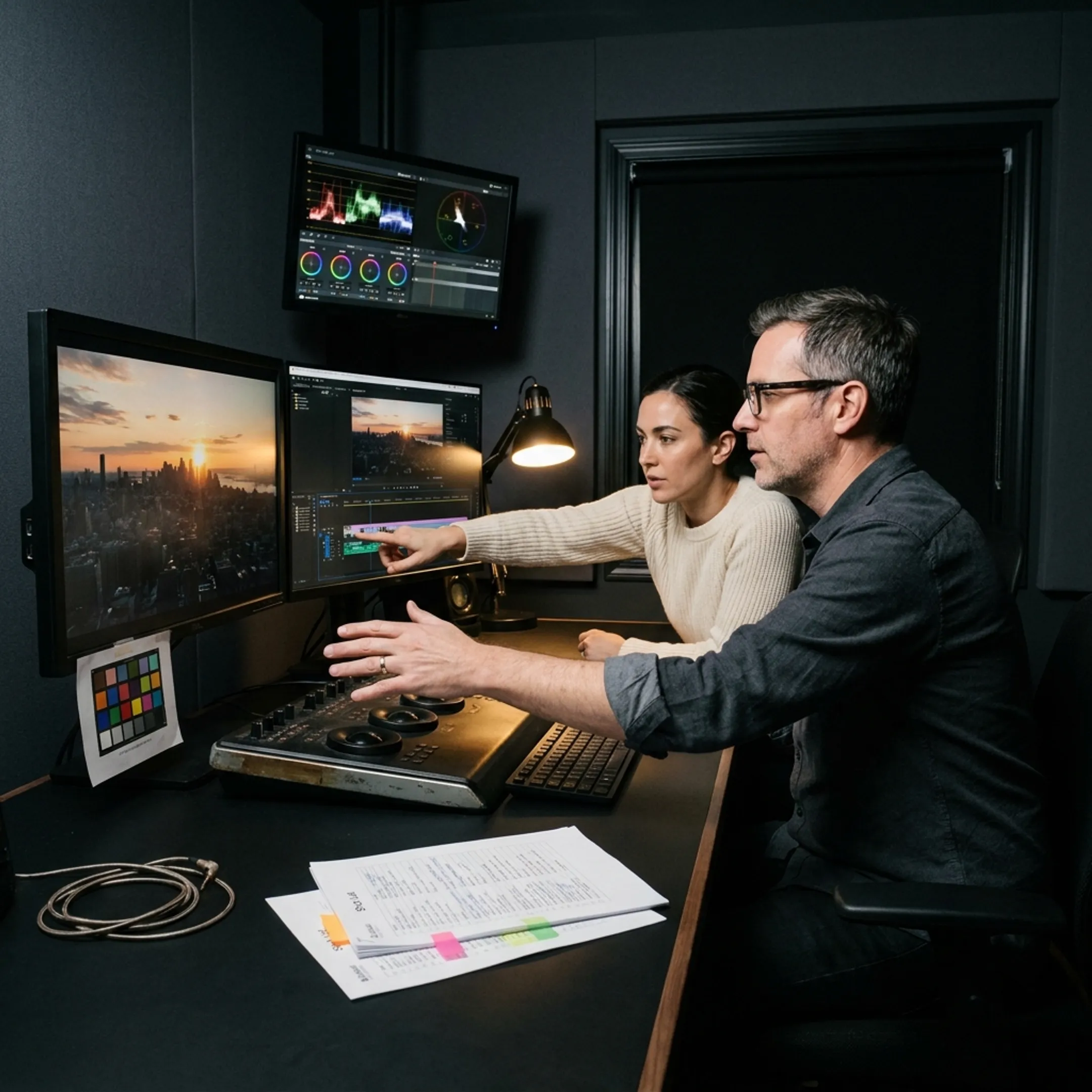 Editor reviewing footage with a production team
