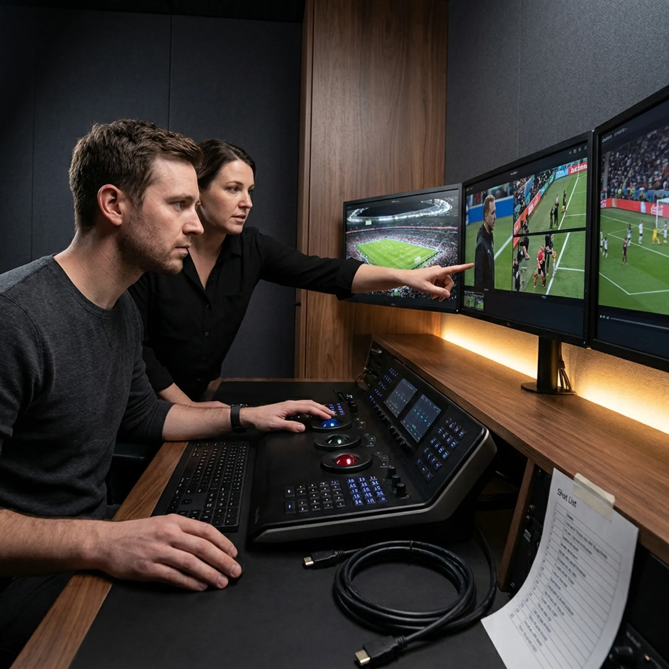 Editor reviewing sports footage in a production studio
