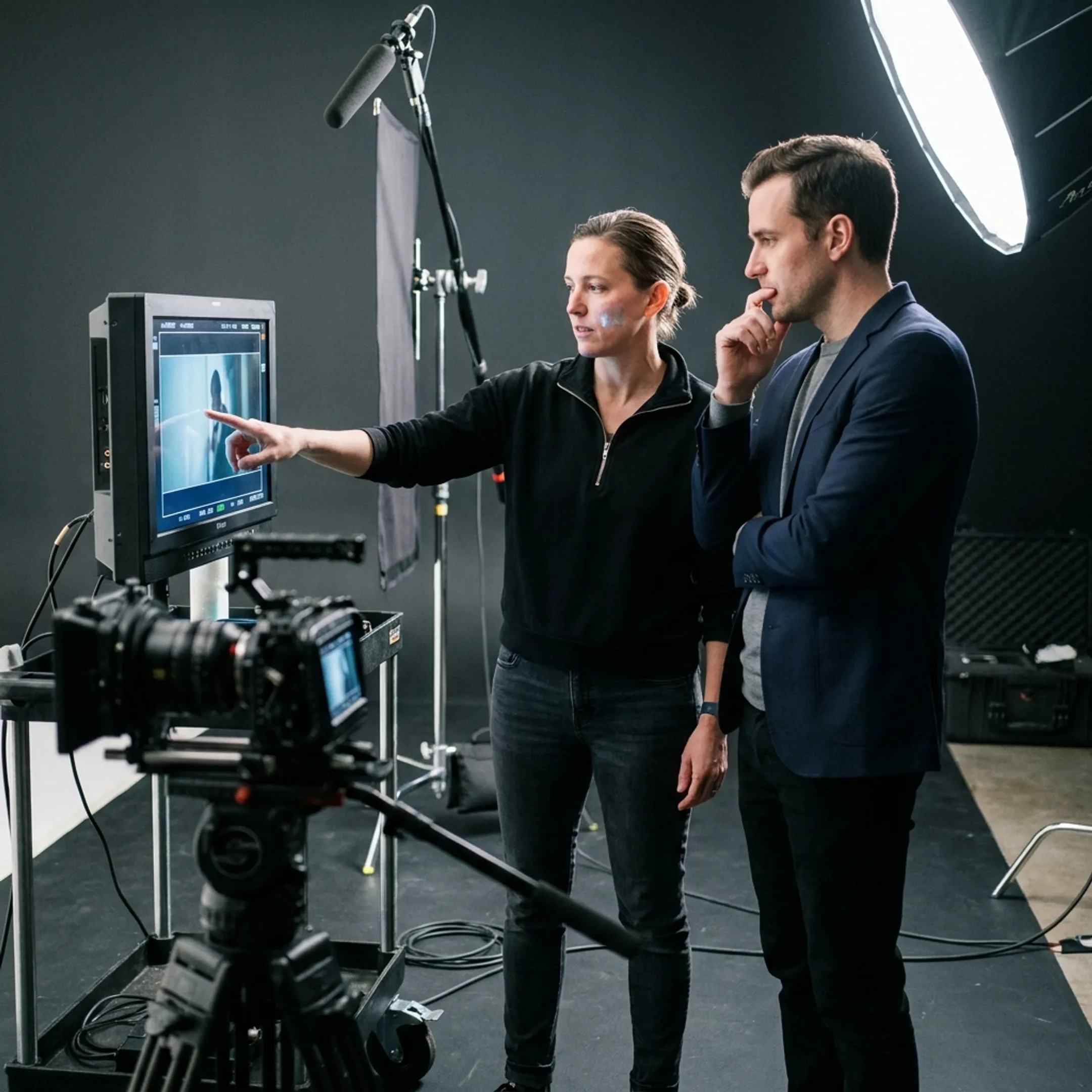 Director reviewing commercial footage on set