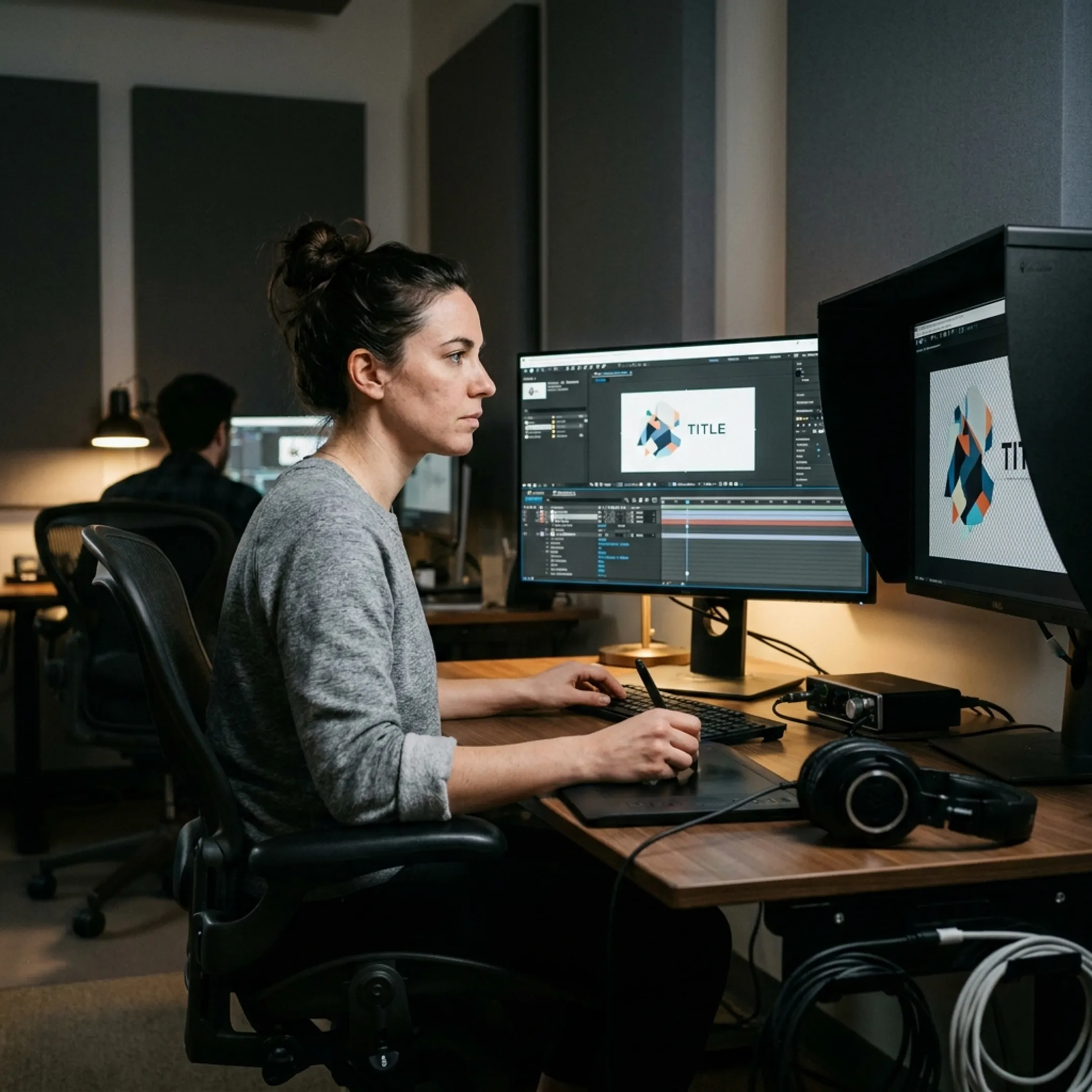 Animator creating motion graphics on computer