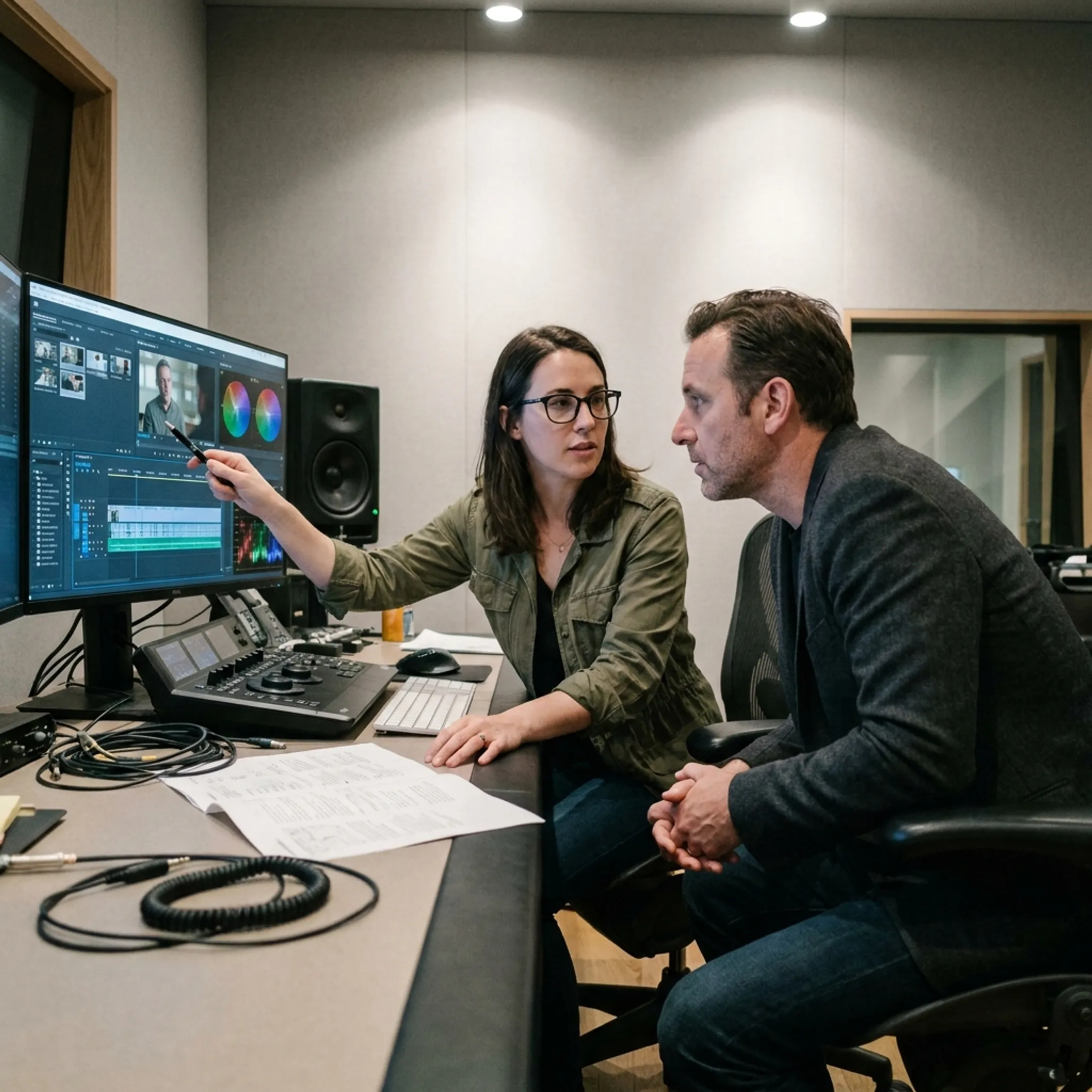 Editor reviewing video footage with a client