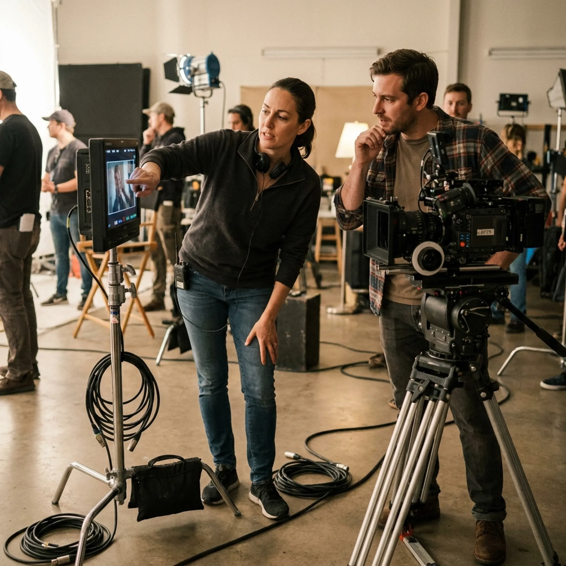 Producer reviewing footage with a film crew