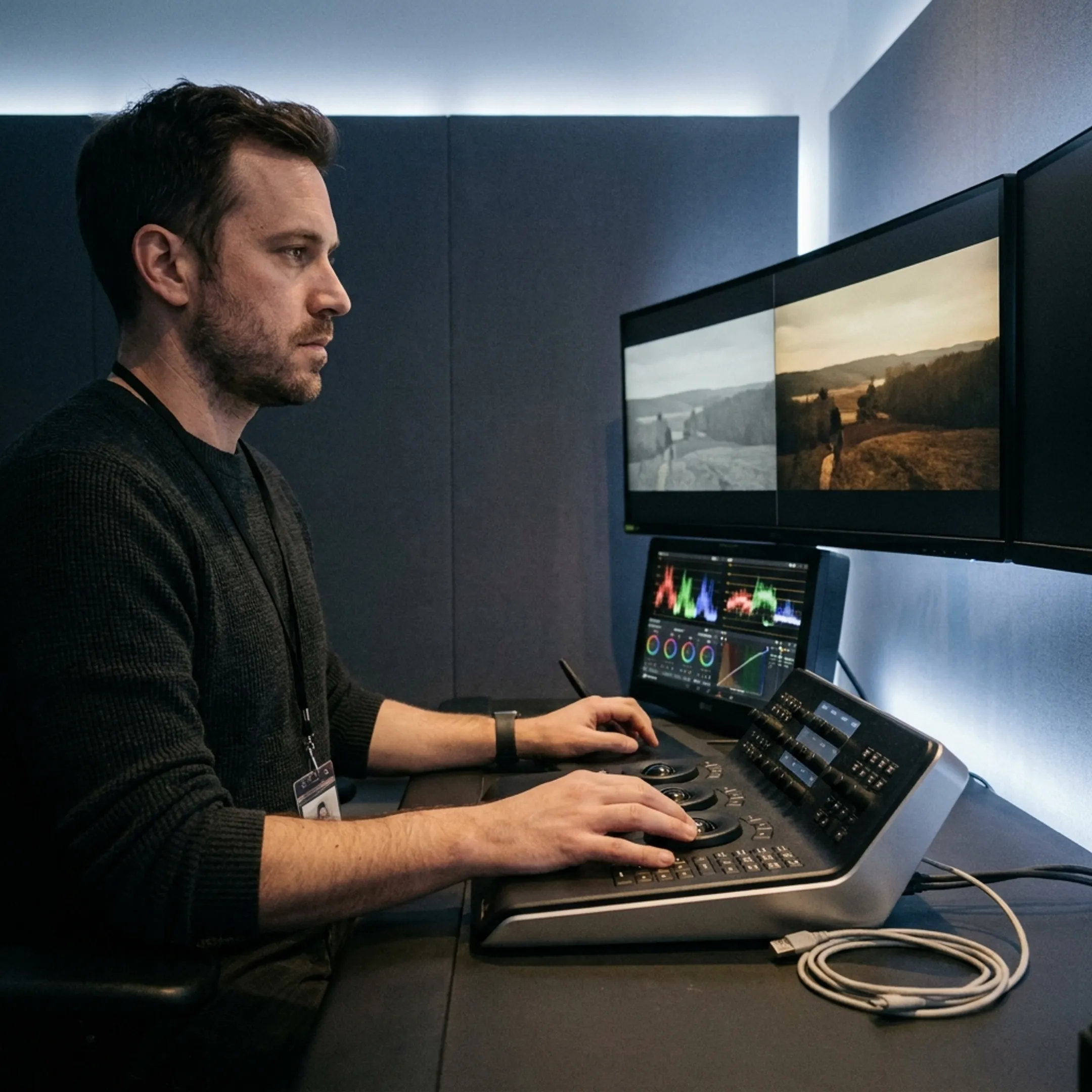 Color grading session on dual monitors