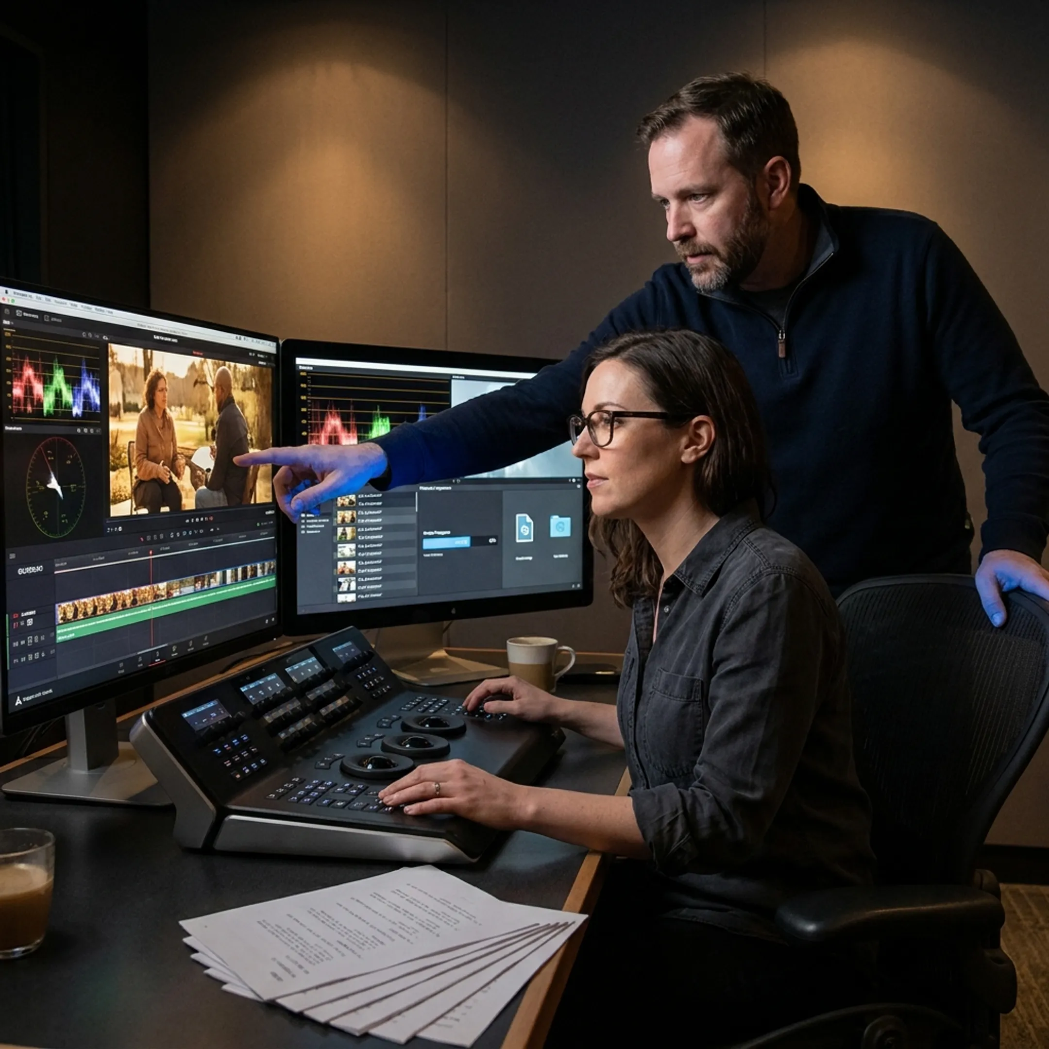 Editor reviewing footage with a producer