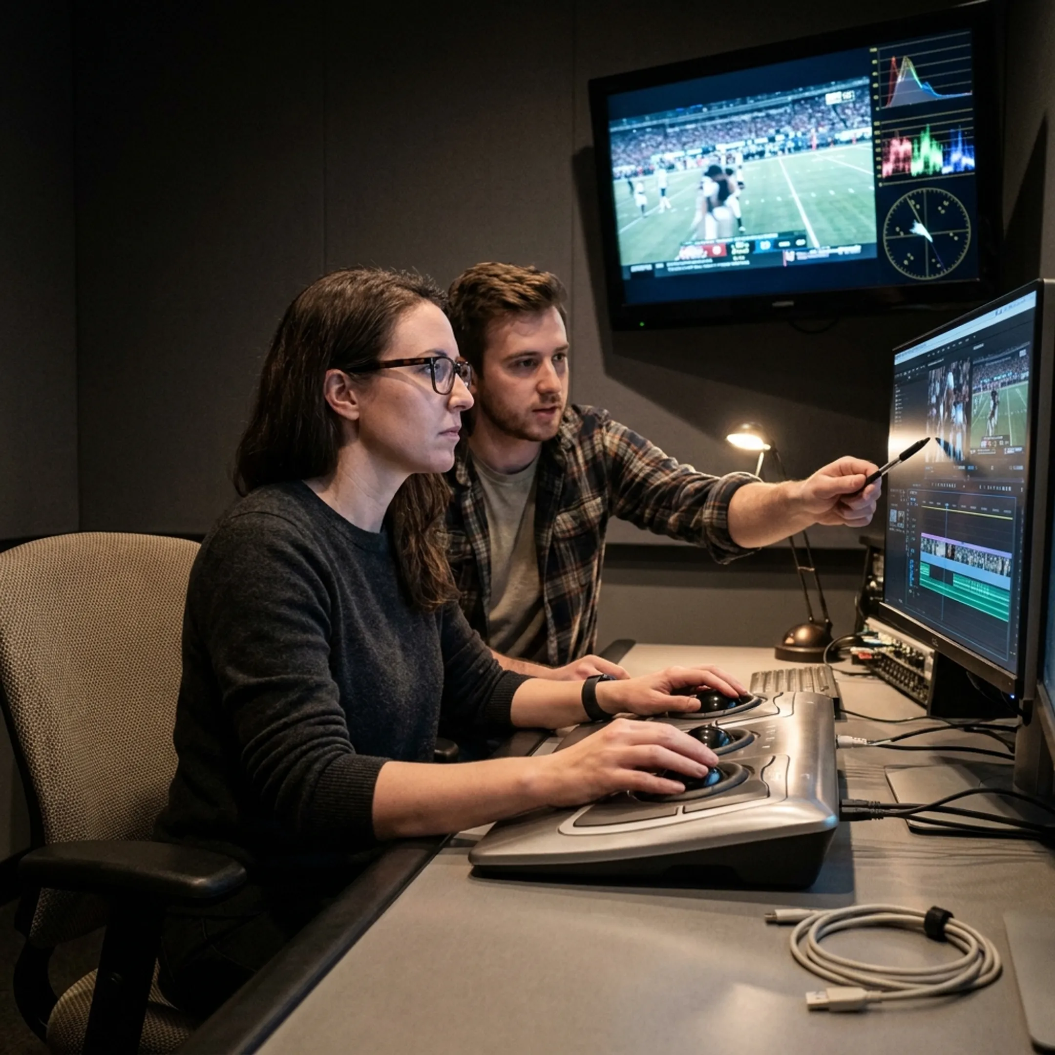 Colorist and editor collaborating on a video finishing project