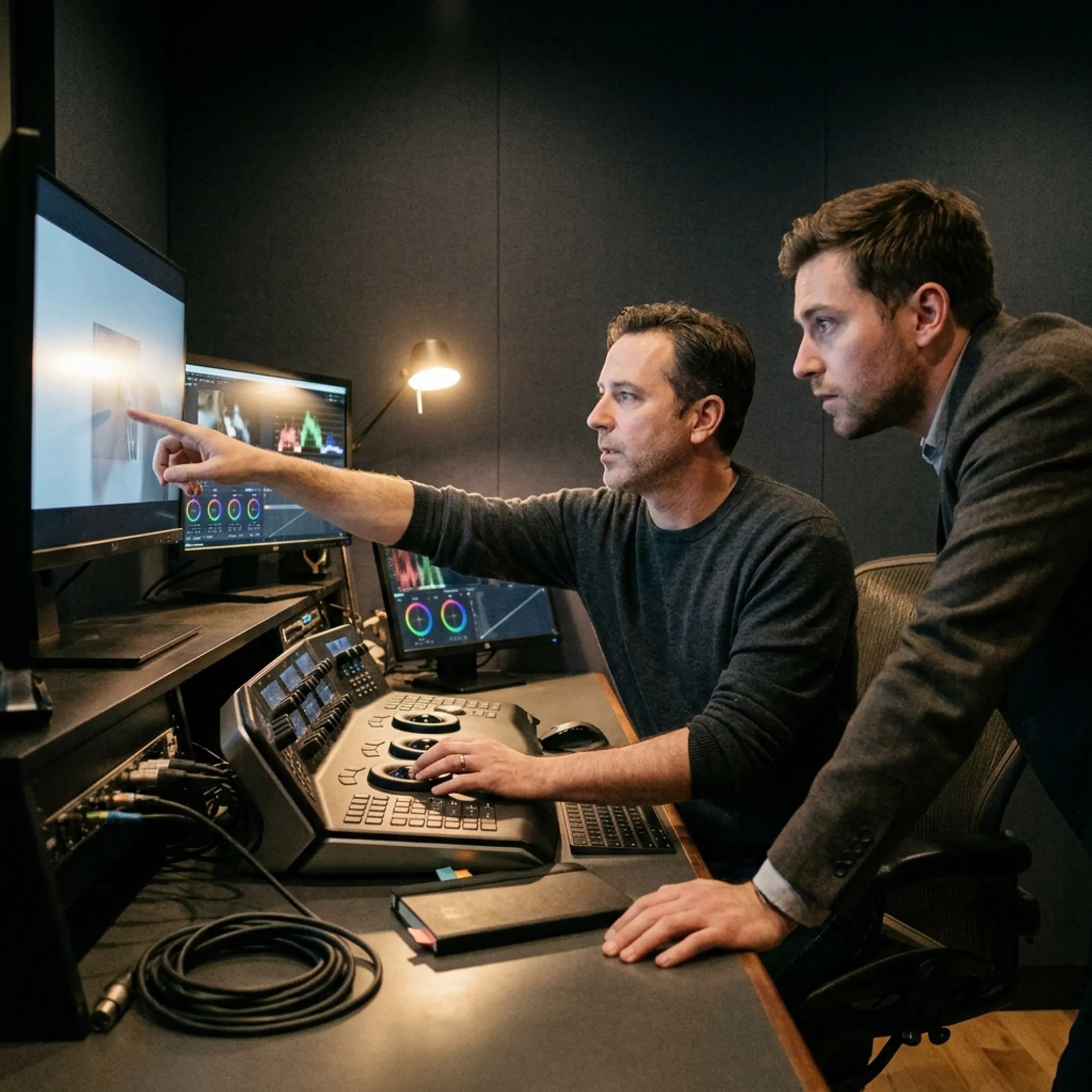 Editor reviewing video footage with a client