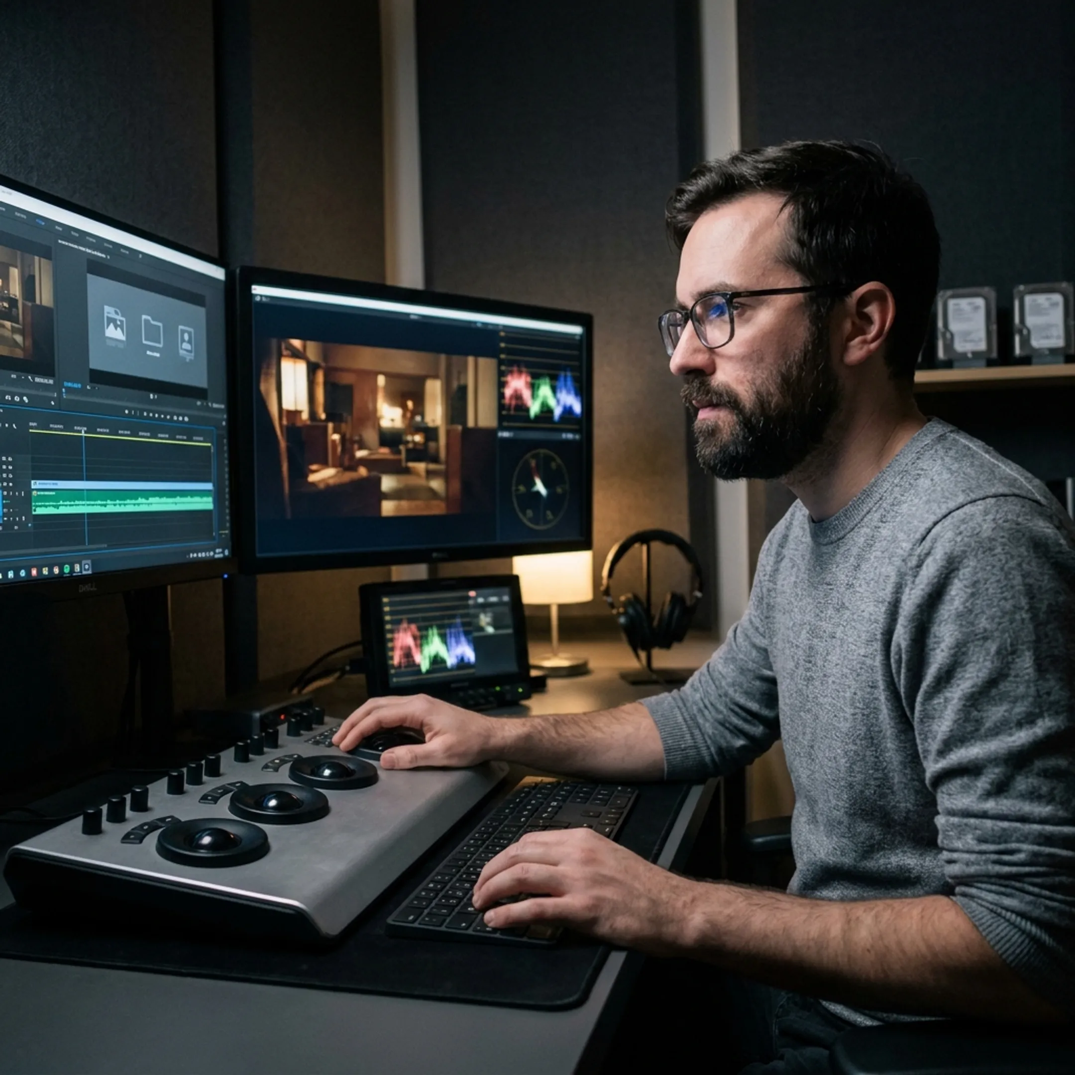 Editor reviewing video footage with producer