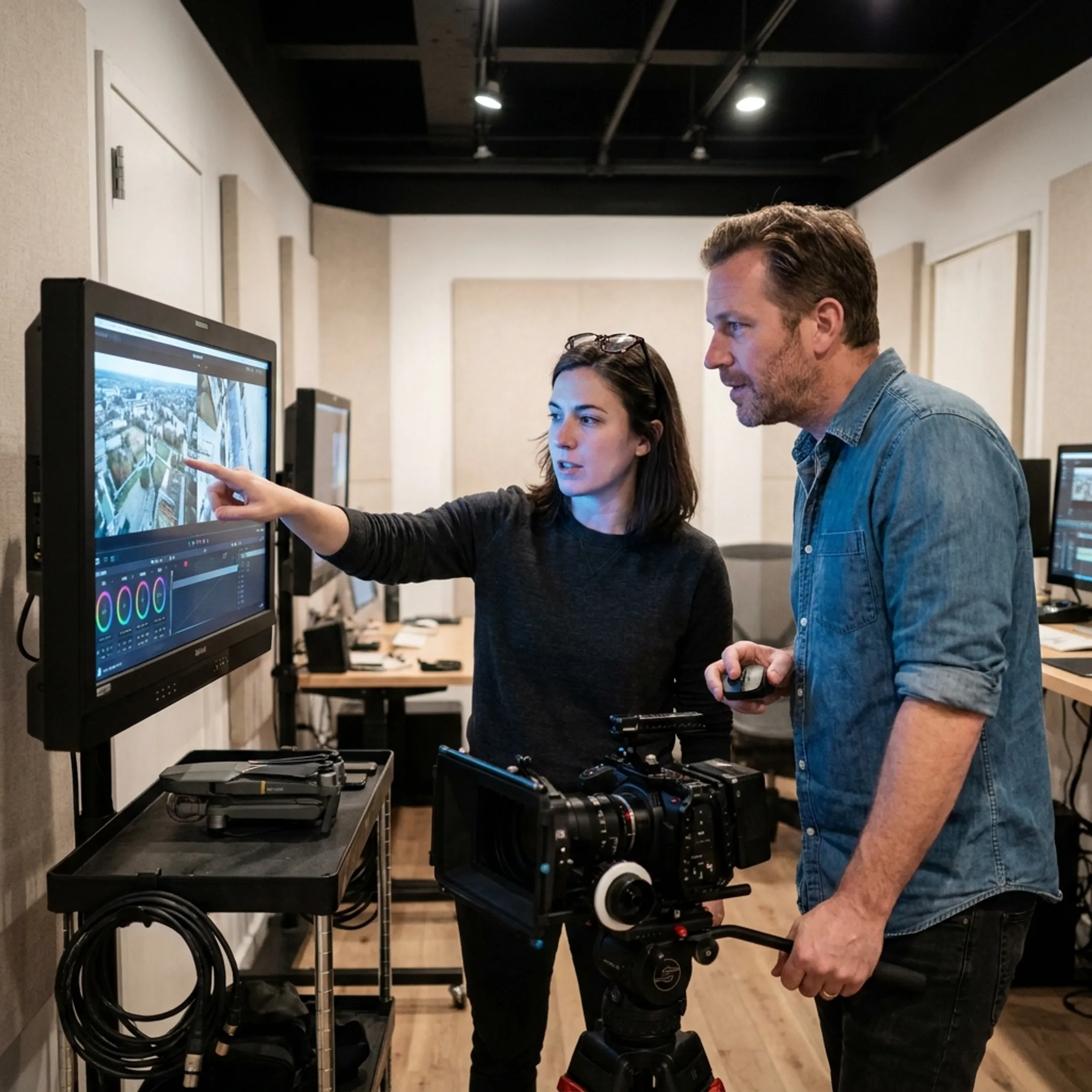 Production team reviewing aerial video footage