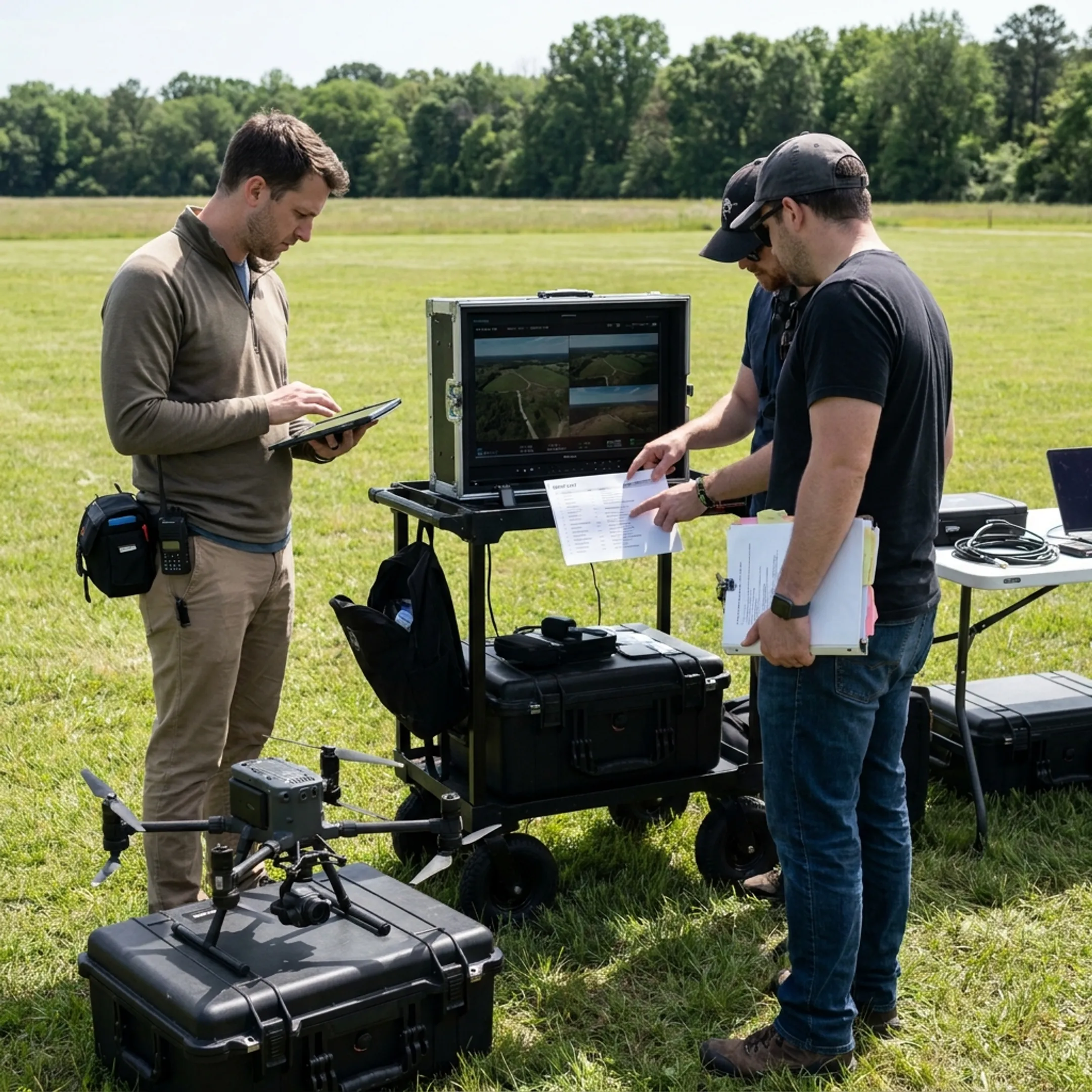 Production team planning drone footage
