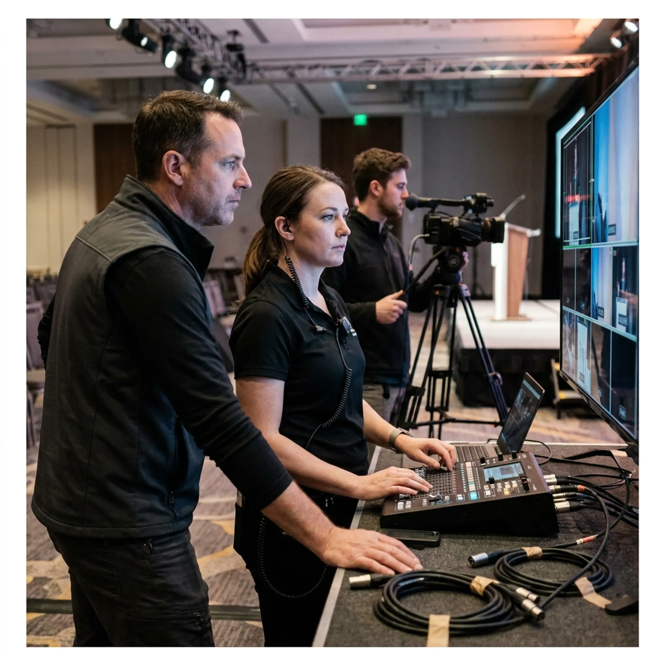 Production team coordinating a corporate event broadcast