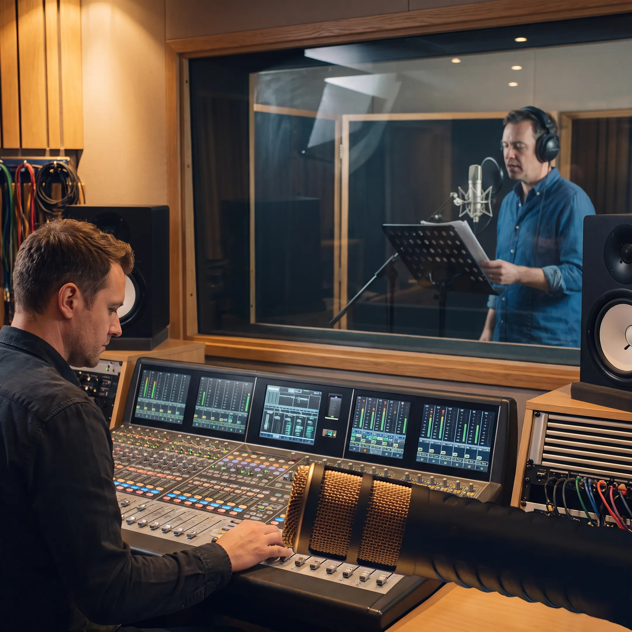 Audio engineer directing a voiceover recording session