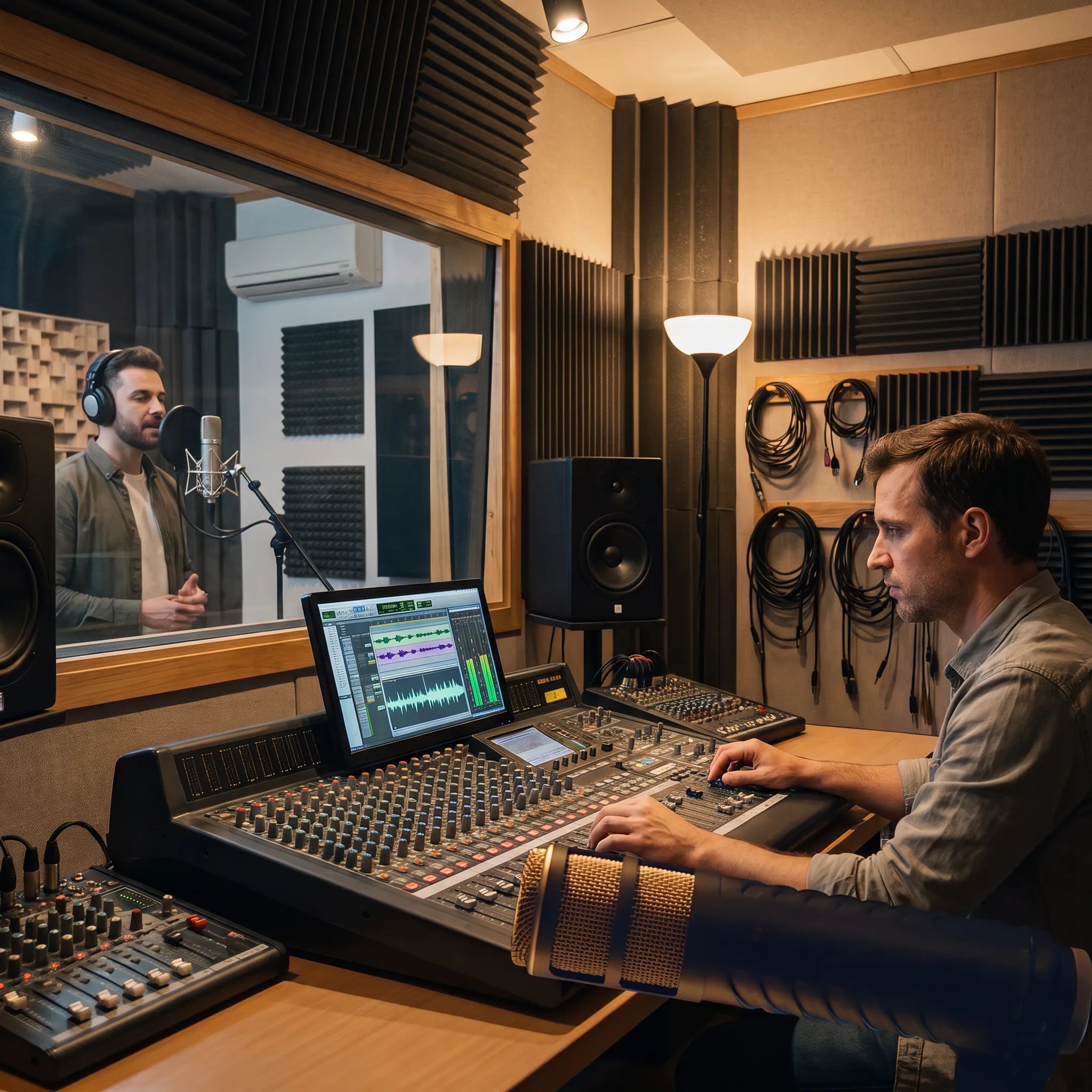Audio engineer monitoring a voice-over recording session