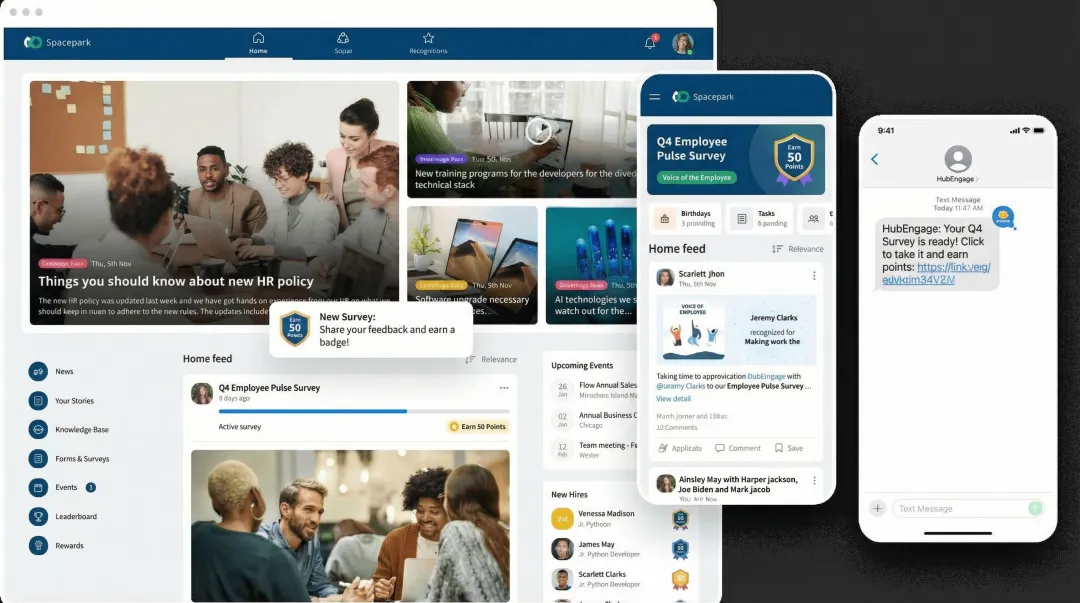 HubEngage multi-channel survey platform showing mobile app SMS and digital signage delivery