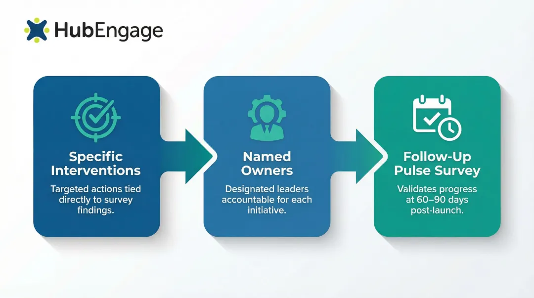 Wellness survey action plan framework with three components owners and follow-up timeline