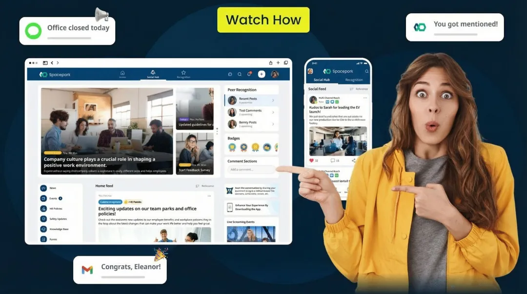 HubEngage employee platform showing mobile app social feed and peer recognition features