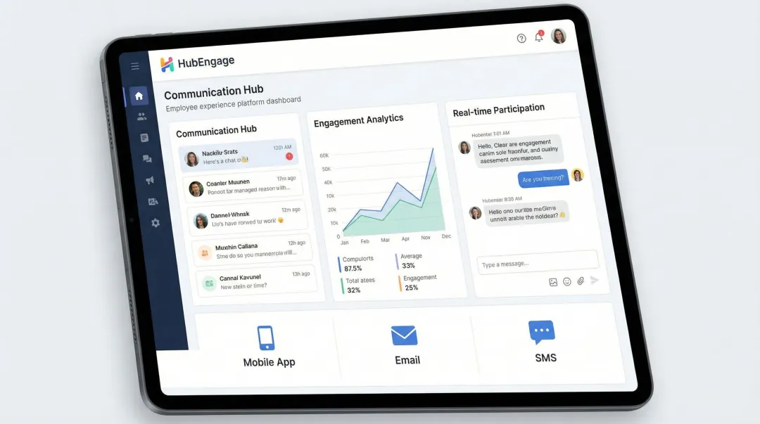 HubEngage employee engagement platform dashboard showing multi-channel communication and analytics