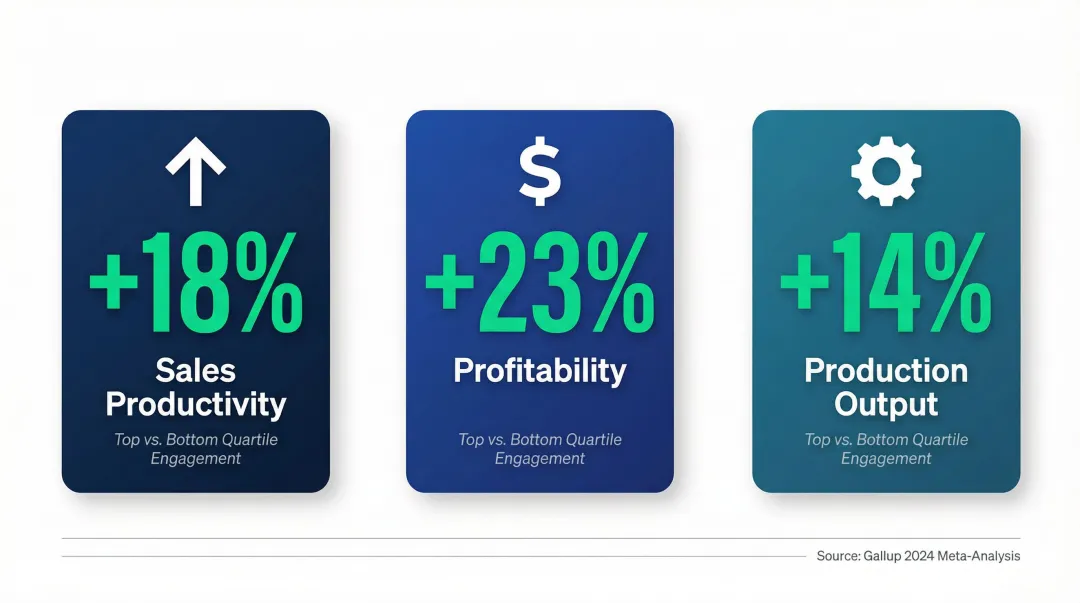 Employee engagement productivity impact statistics showing 18 23 and 14 percent gains