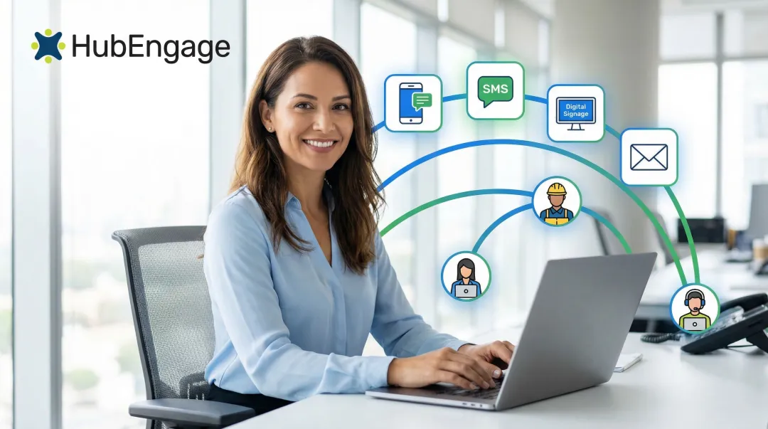 HR professional sending multi-channel EAP benefit communications across mobile email and digital signage