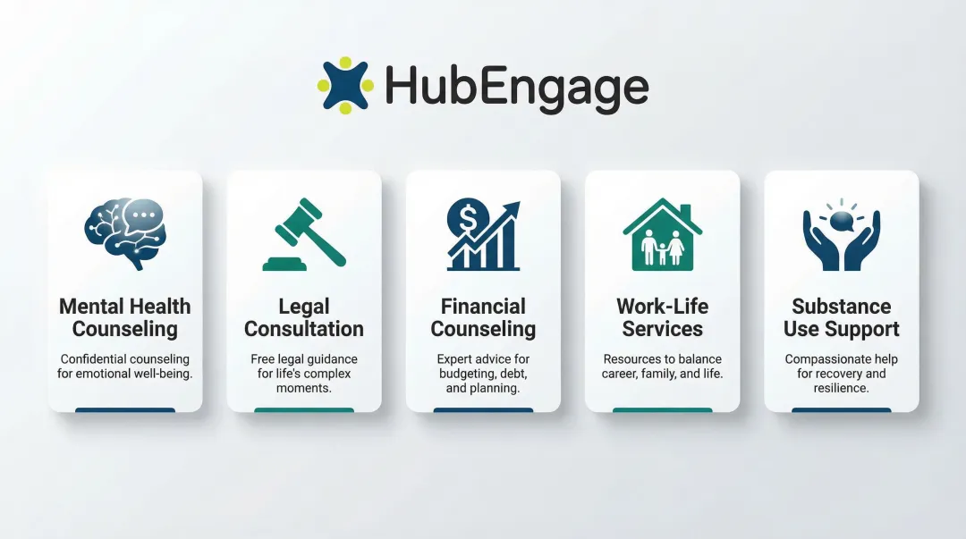 Five core EAP service categories including mental health legal financial and work-life support