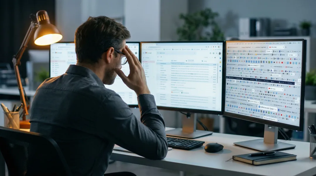 Employee overwhelmed by multiple application windows illustrating workplace tool fragmentation