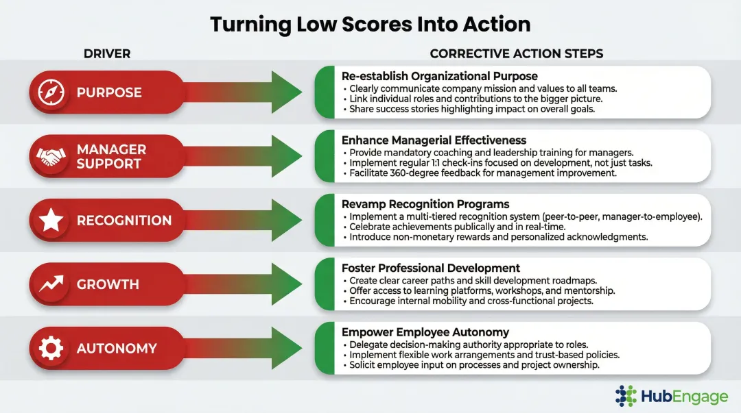 Low motivation score action plan mapping five drivers to specific HR interventions