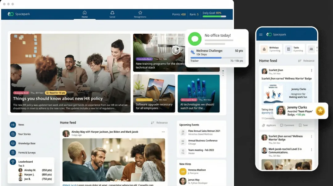 HubEngage platform dashboard showing gamification across wellness recognition and communications