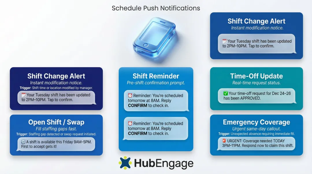 Five types of employee shift push notifications with examples and triggers infographic