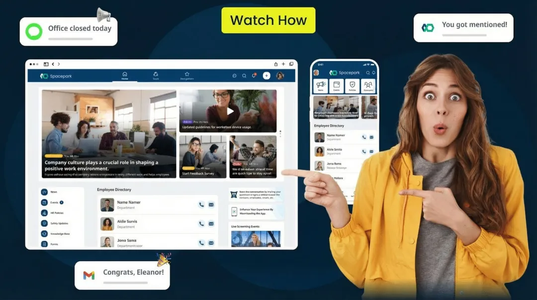 HubEngage intranet platform showing employee directory and multi-channel communication dashboard