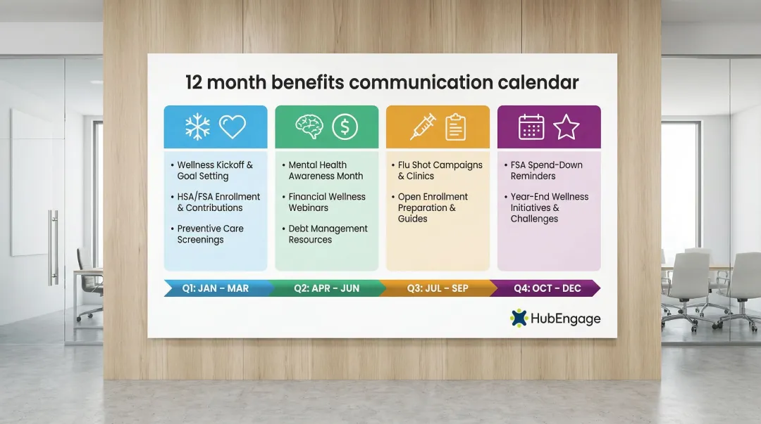 12-month employee benefits communication calendar with quarterly themes and touchpoints