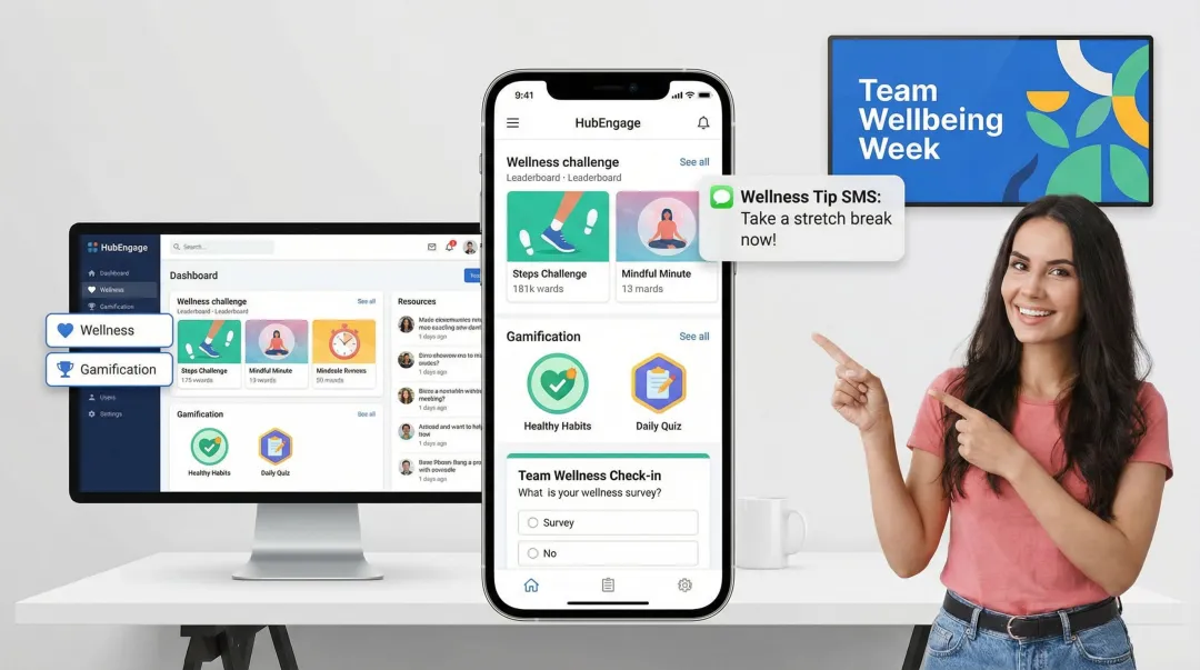 HubEngage mobile wellness platform dashboard showing gamification and employee engagement features
