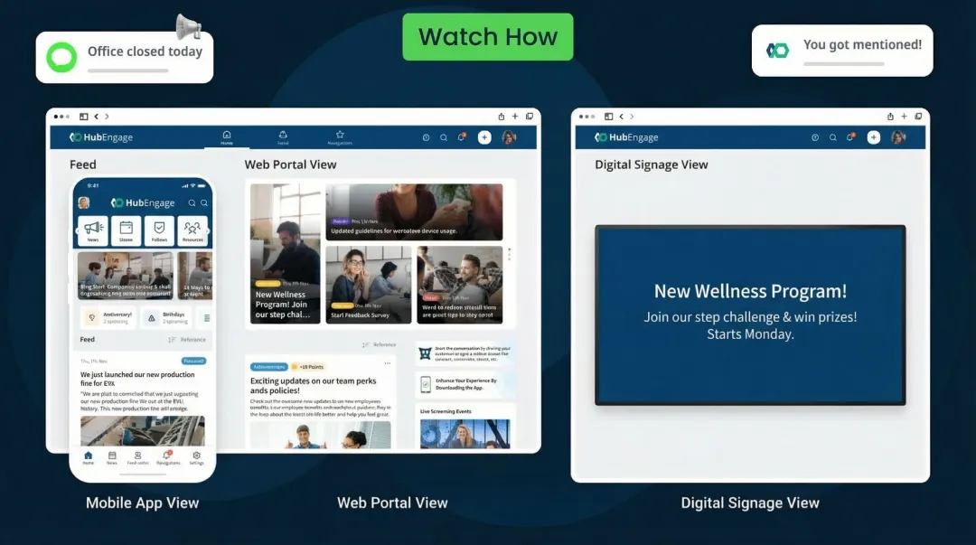 HubEngage multi-channel employee engagement platform dashboard showing mobile and web interfaces
