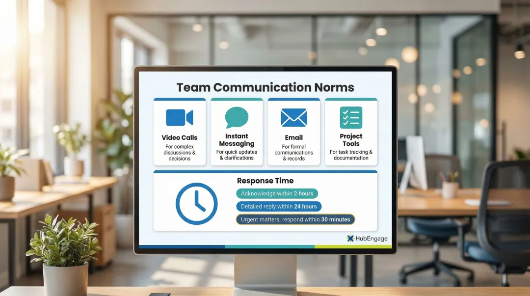 Remote team communication channel norms framework with response time guidelines