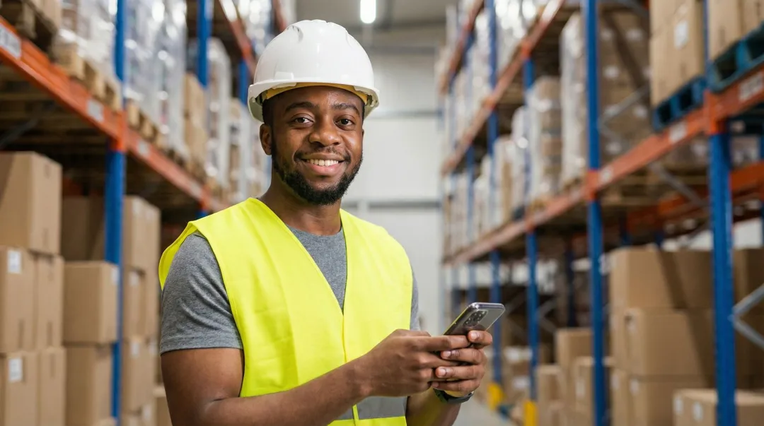 Frontline manufacturing worker using mobile phone for workplace communication on shift